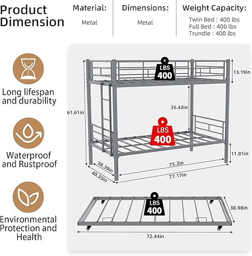 Miniatura 38 de GNIXUU Literas de tamaño individual sobre matrimonial, marco de literas bajas de metal resistente con barandilla de seguridad y escalera para