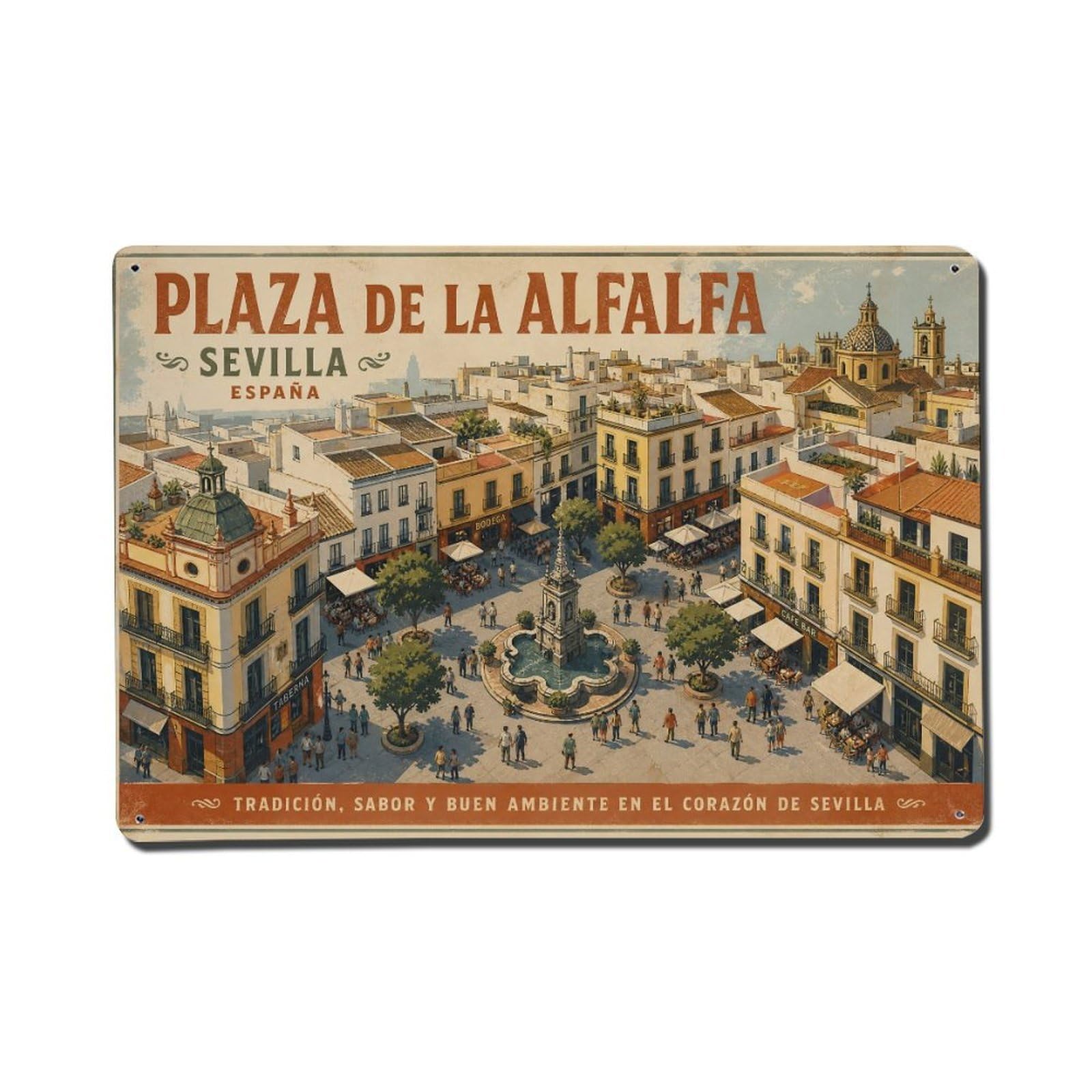 Vintage Travel Plaza Alfalfa Seville Square Nightlife Metal Tin Sign