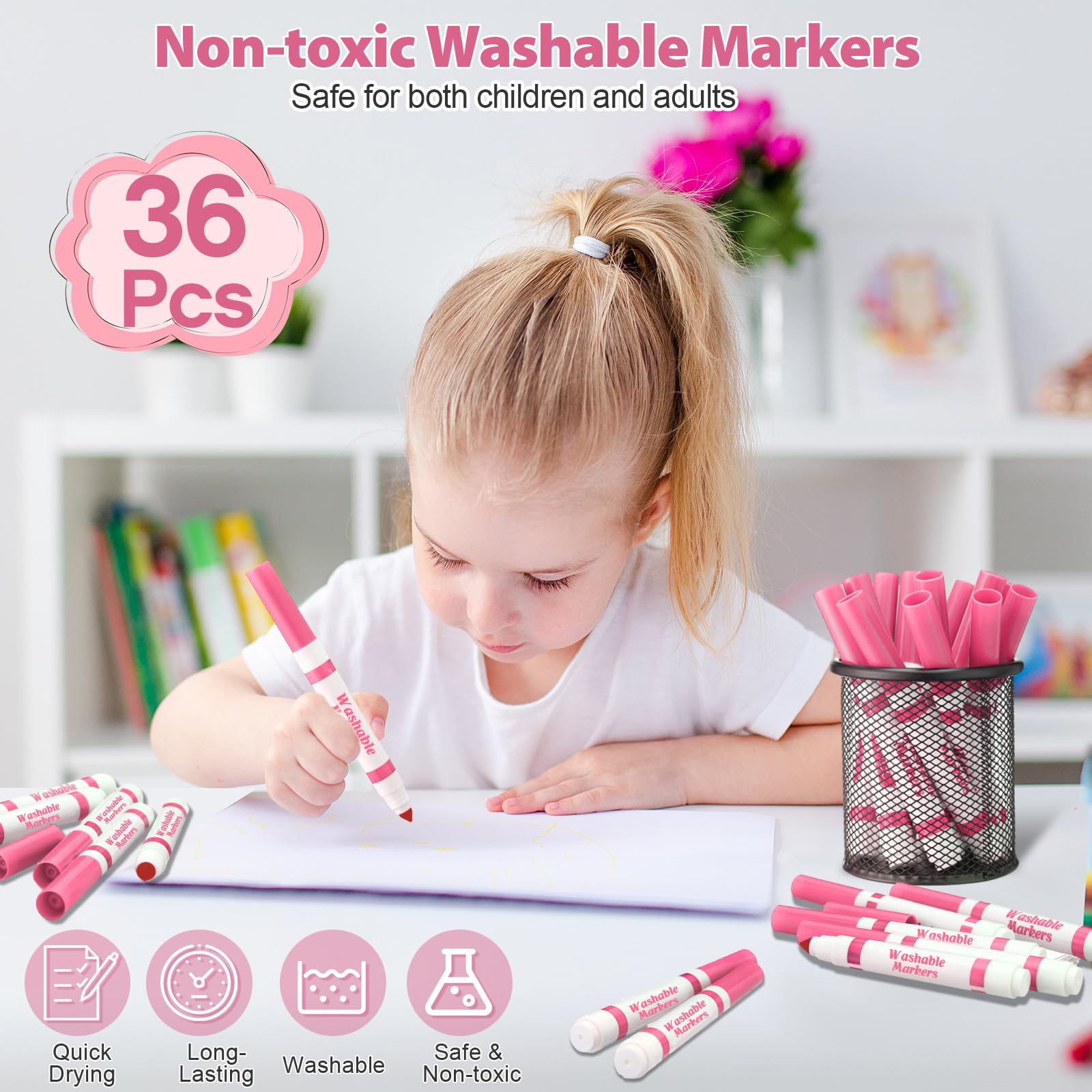 36 pennarelli lavabili, per bambini, a punta conica, per rientro a scuola, scuola, insegnanti, arte di viaggio, baby shower, feste, età 6+ (rosa)