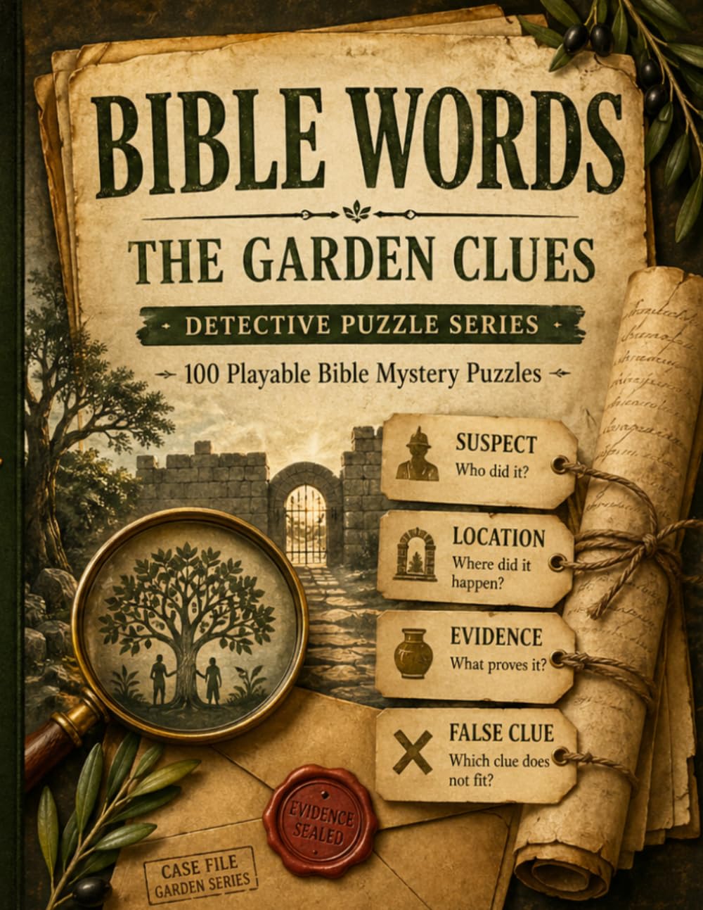 Bible Words: The Garden Clues: 100 Playable Bible Mystery Puzzles with Word Search Grids, Logic Clues, Deduction Boards, and Scripture-Inspired Case Files