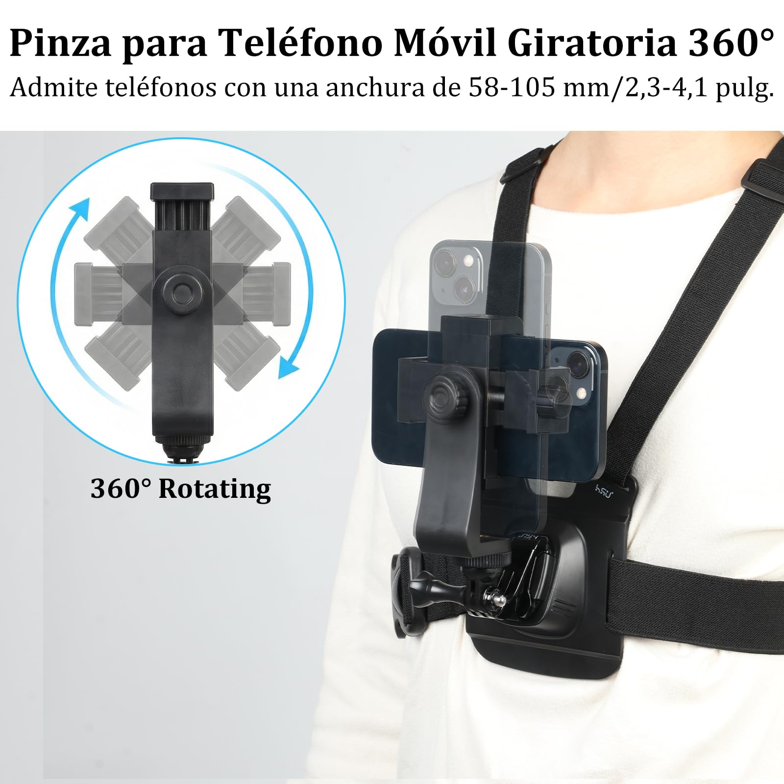 HSU Soporte para teléfono móvil con correa para el pecho, con cierre rápido J-Hook Clip para cámara de acción y soporte para teléfono móvil, set de accesorios para grabación de vídeo POV/VLOG