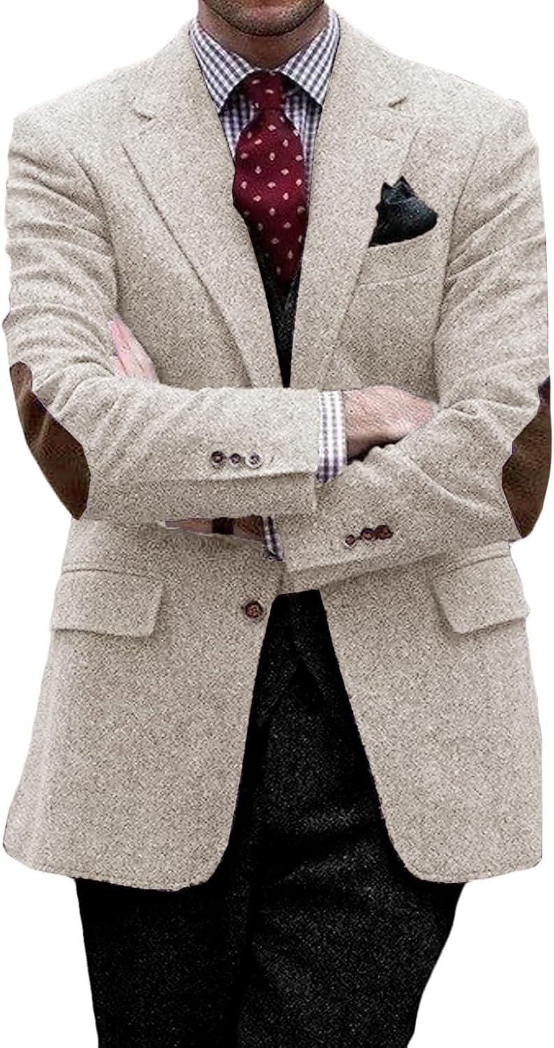 VENNYNG Mens Suit Jacket Single Breasted Vintage Short Trench Coat Blazer with Brown Elbow Patches