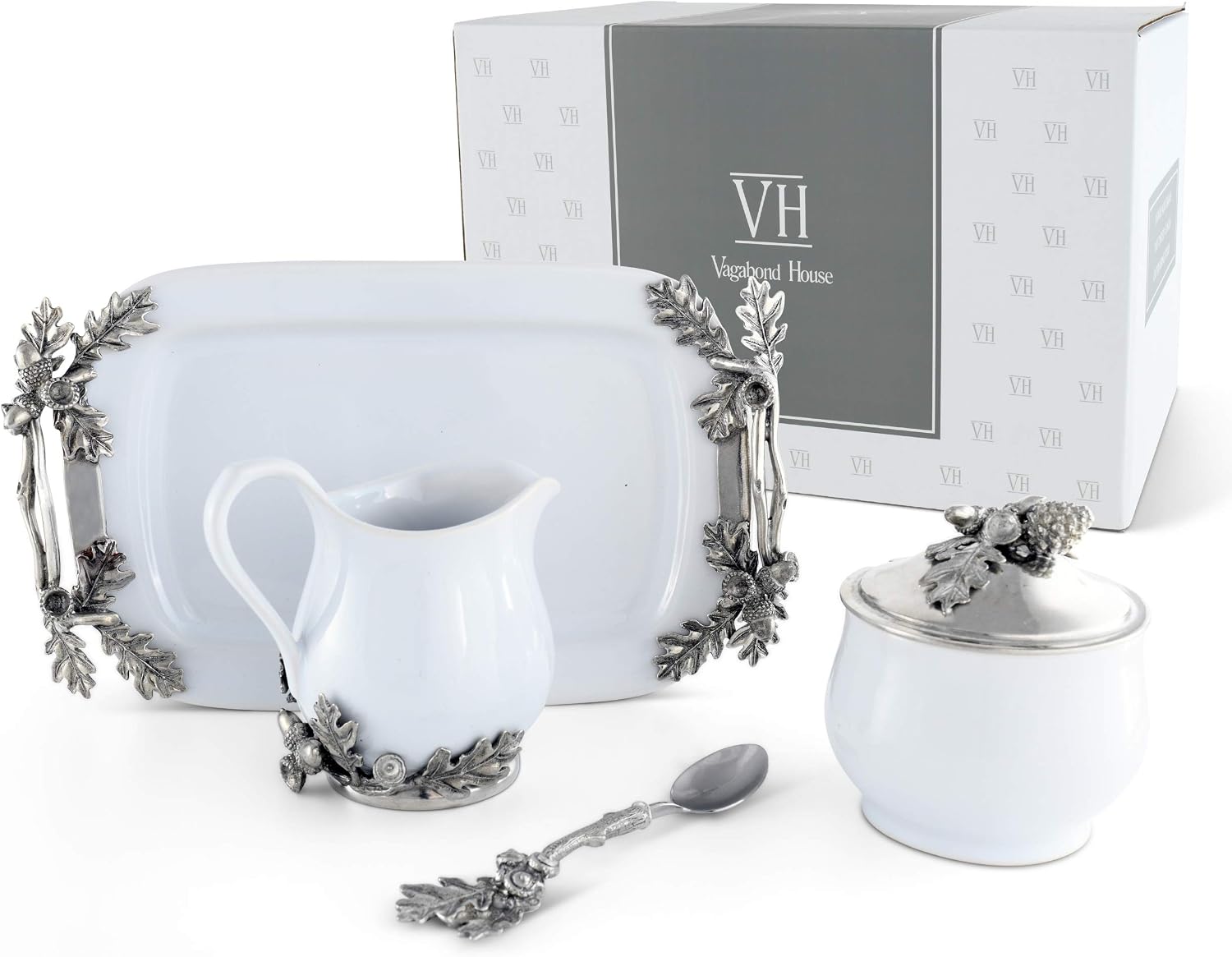 Vagabond House Stoneware Creamer Set - Pewter Acorn and Oak Leaf Forest Collection 5 Pieces creamer pitcher, lidded sugar bowl, sugar spoon and Tray for Coffee and Tea 12.25 inch Long Tray