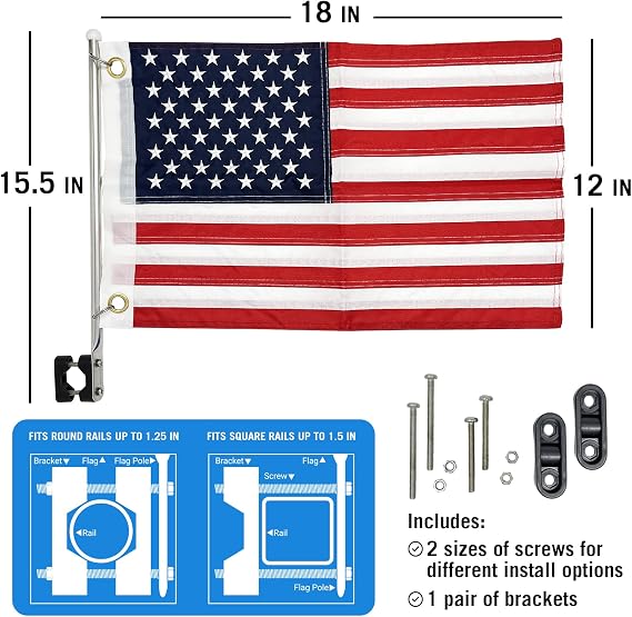 Boat Flag Pole Kit, 12 x 18 Small US American Flag Set, Marine Grade