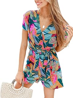 CUPSHE Women's Romper V Neck Short Sleeves Colorful Tropical Jumpsuit St...