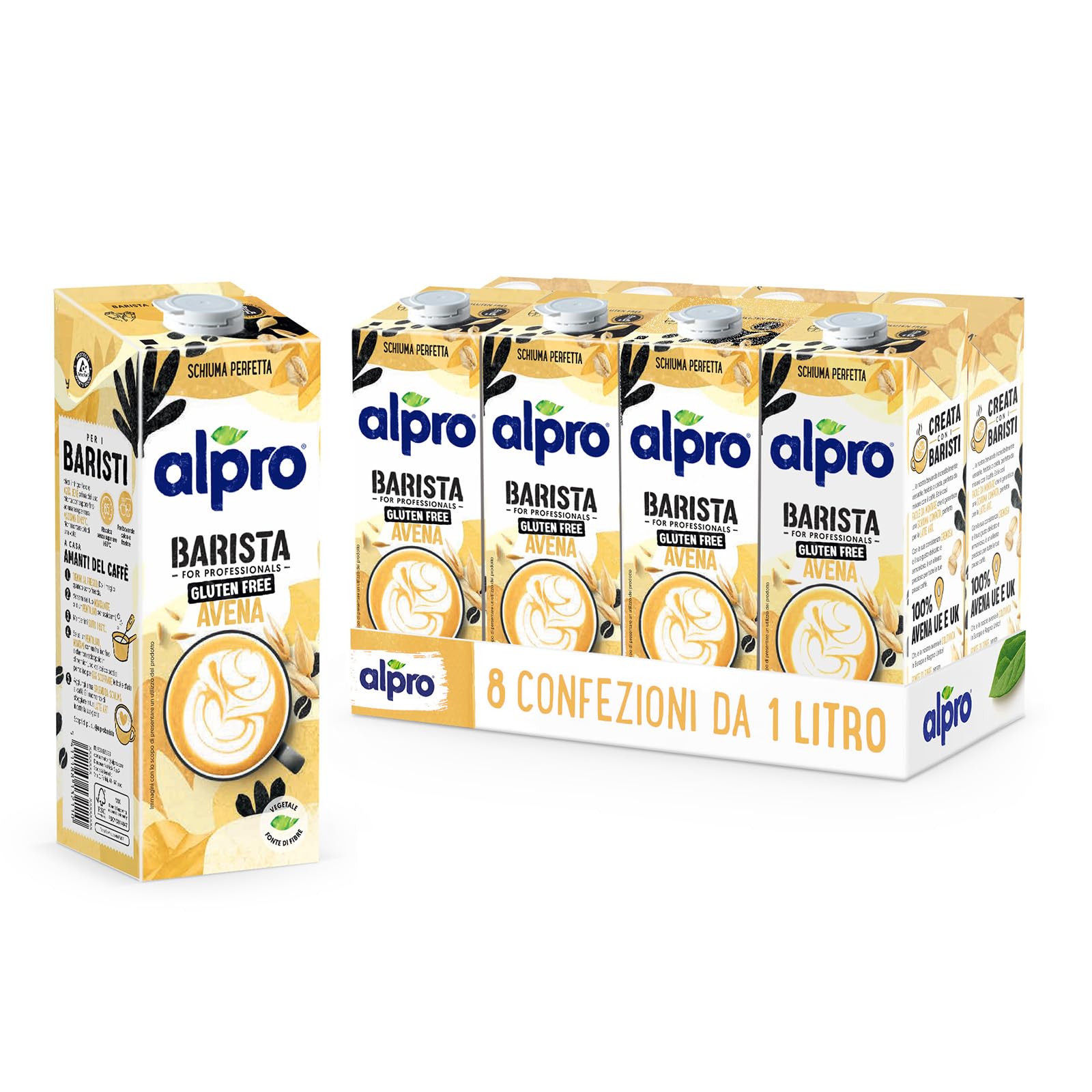 ALPRO BARISTA PROFESSIONAL, Bevanda all'AVENA, per deliziose creazioni da bar 100% vegetali, senza glutine (8 confezioni x 1 Litro)
