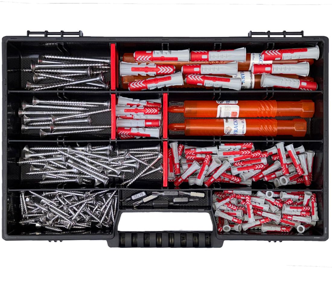 FRACKMANN Juego de tornillos de acero inoxidable V2a, 240 piezas, incluye tacos Fischer DuoPower, tamaños 5 x 25 hasta 10 x 50 mm, en maletín surtido, con 6 puntas Torx – SDS estrella hormigón broca