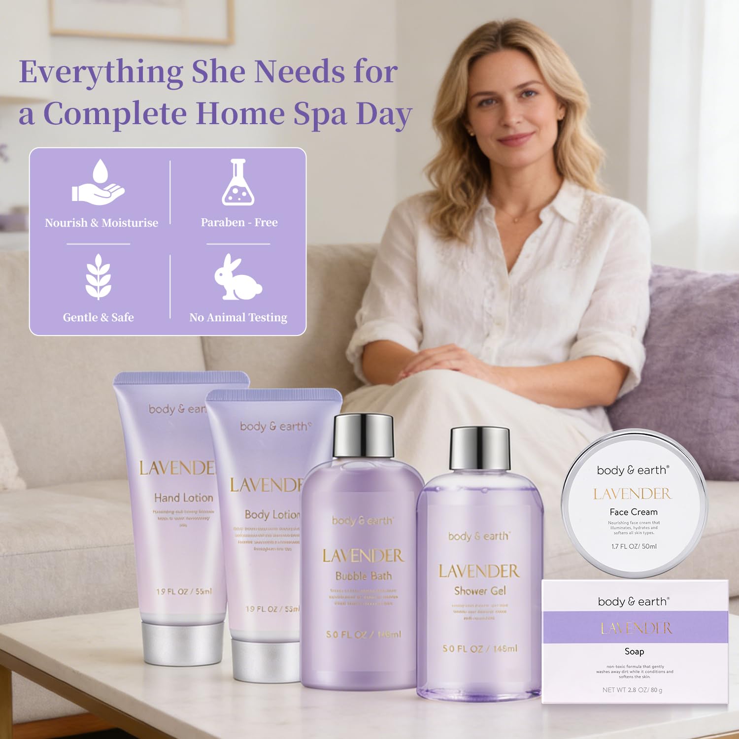 BODY & EARTH Bath and Body Gift Set - 6 Pcs Lavender Bath Kit for Women Spa Set, Perfect Birthday, Mother's Day, Valentine's Day Gift Set for Women Includes Bubble Bath, Shower Gel, Body Lotion - Image 4