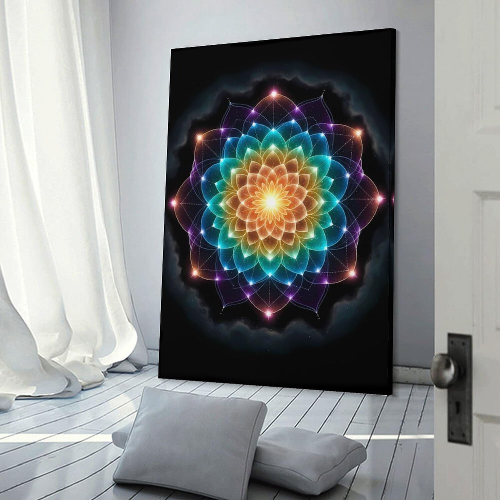 Junmoney Frame-Style-7 Rainbow Mandala Cosmic Wall Picture Print, 16X24inch(40X60cm), For New Homes, Bedrooms Or Workspaces, Thoughtful Wall Decor For Art Lovers