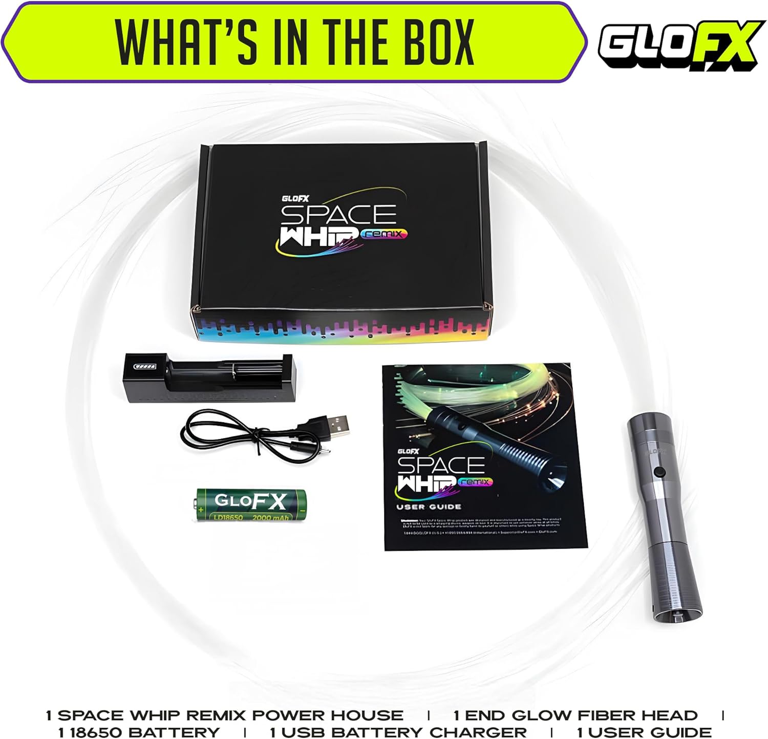 GloFX Space Whip Remix | Programmable Led Fiber Optic 360° Swivel | Rave Accessory for Parties, Light Shows Music Festivals | End Glow Remix