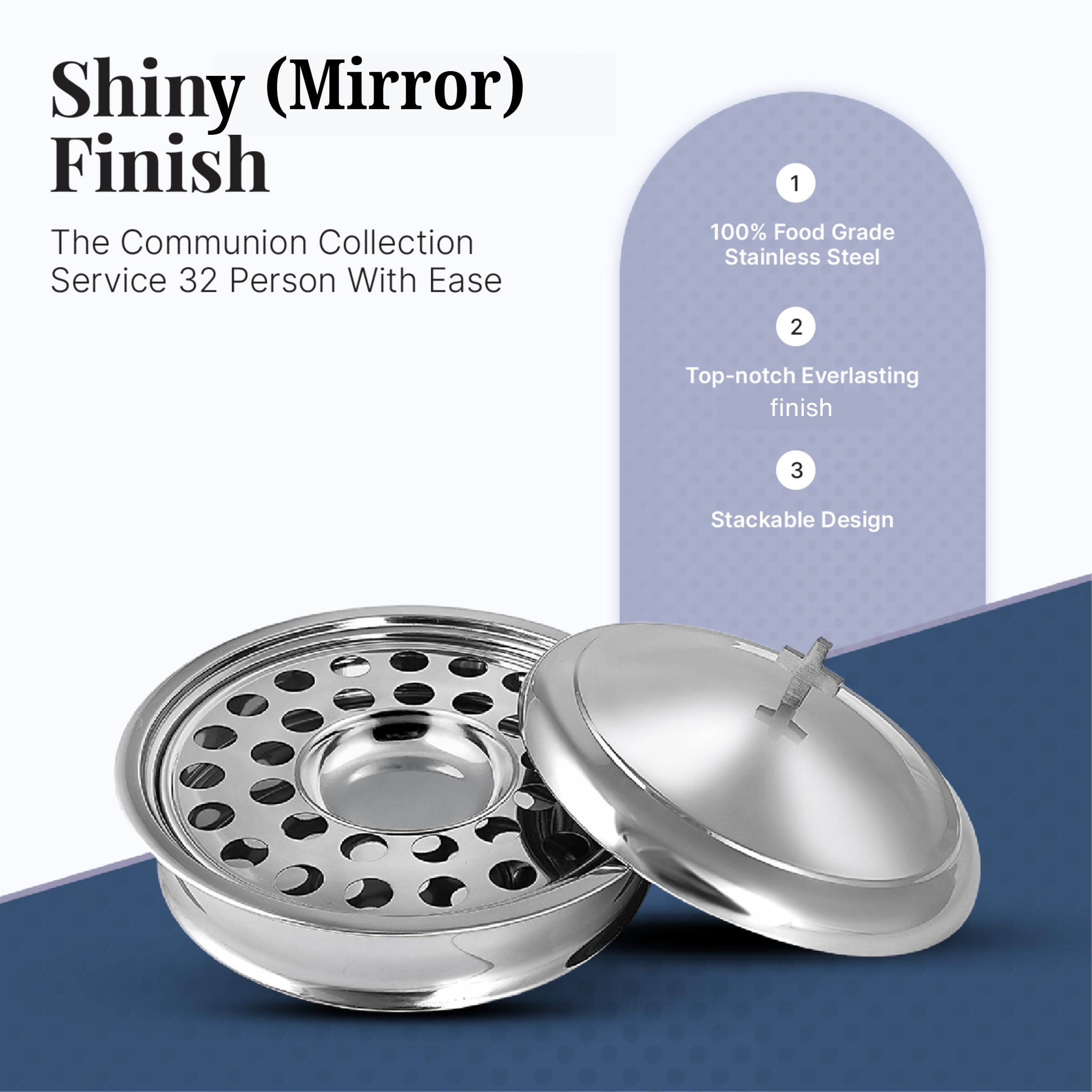 Communion Ware - Juego de iglesia | 1 bandeja de vino de comunión con plato de pan central y cubierta | Bandeja de capacidad para 32 tazas | Ideal para iglesias | Acero inoxidable - Acabado brillante