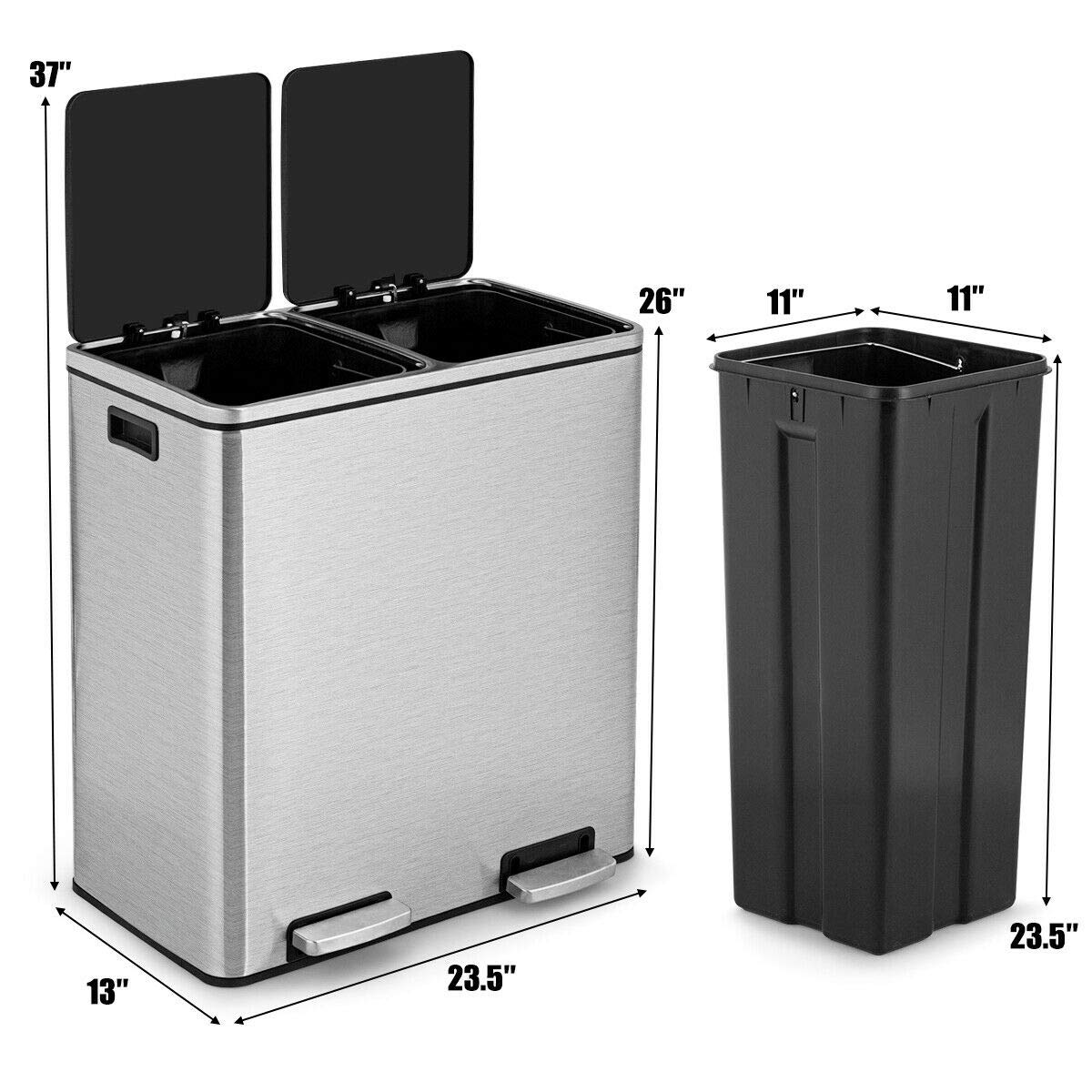 Goplus Dual Trash Can, 60 Liter (2x30L)/ 16 Gallon Stainless Steel Step