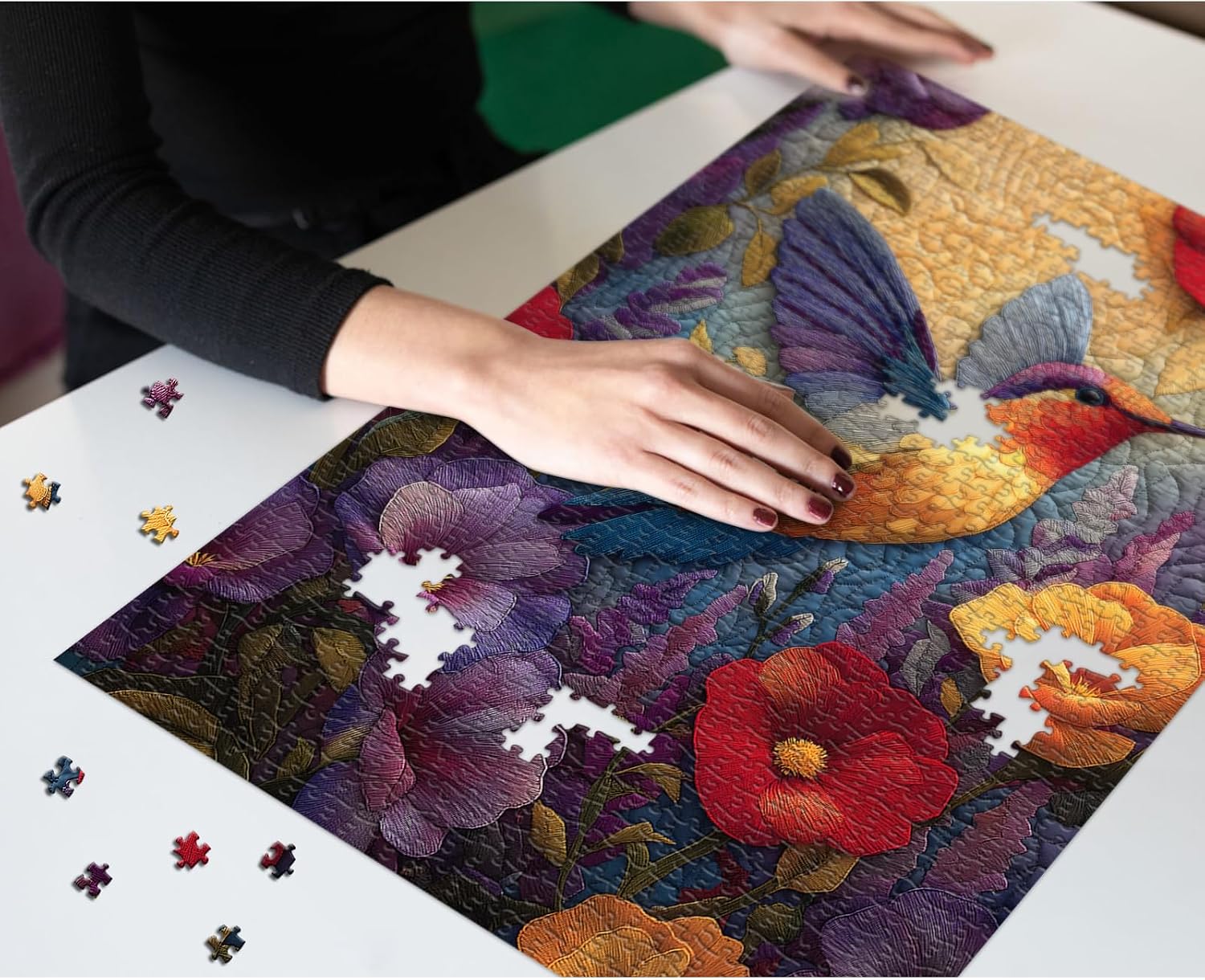 Hummingbird Puzzles for Adults 1000 Pieces, Larkipuzz Bird Patchwork Puzzle Embroidery, Unique Vintage Quilting Flower Jigsaw Puzzles for Home Decor