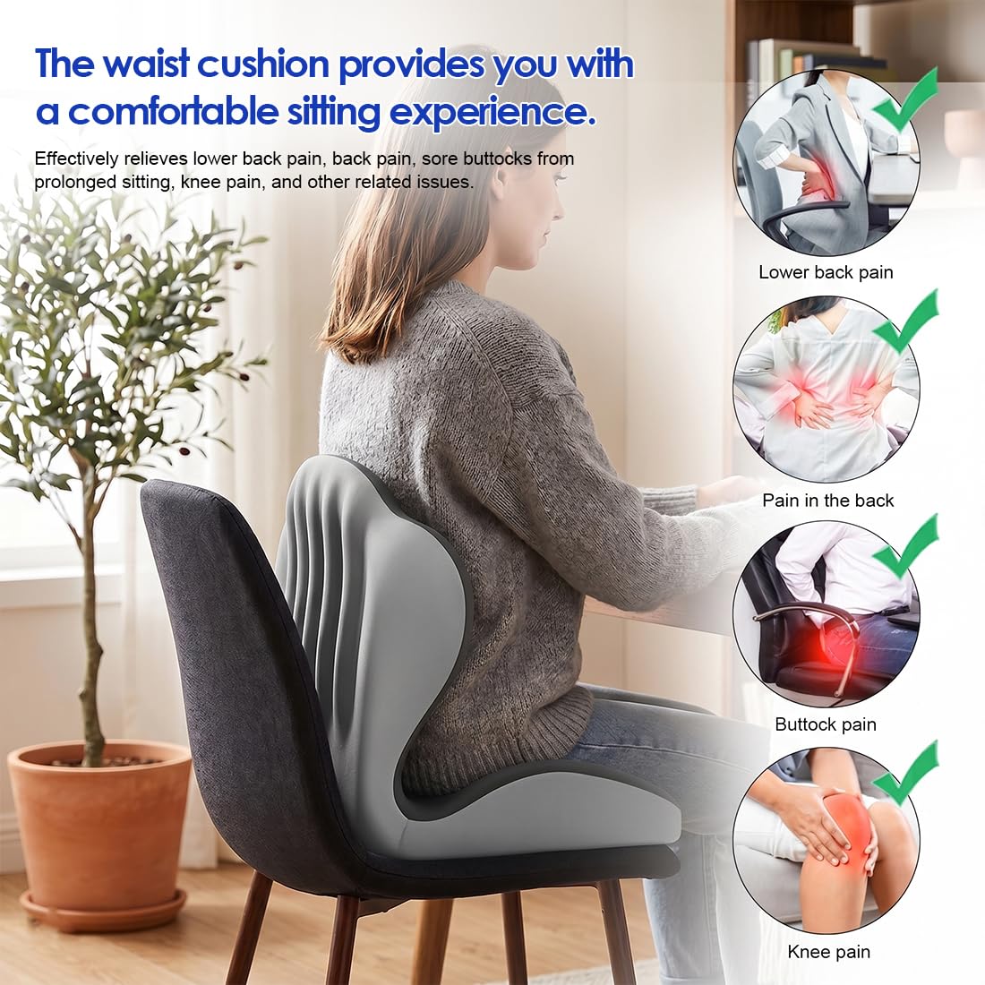 LOMUG Cojín ortopédico con respaldo, espuma viscoelástica en forma de L, cojín ergonómico de apoyo lumbar para ciática y coxis para silla de oficina, coche, hogar, oficina