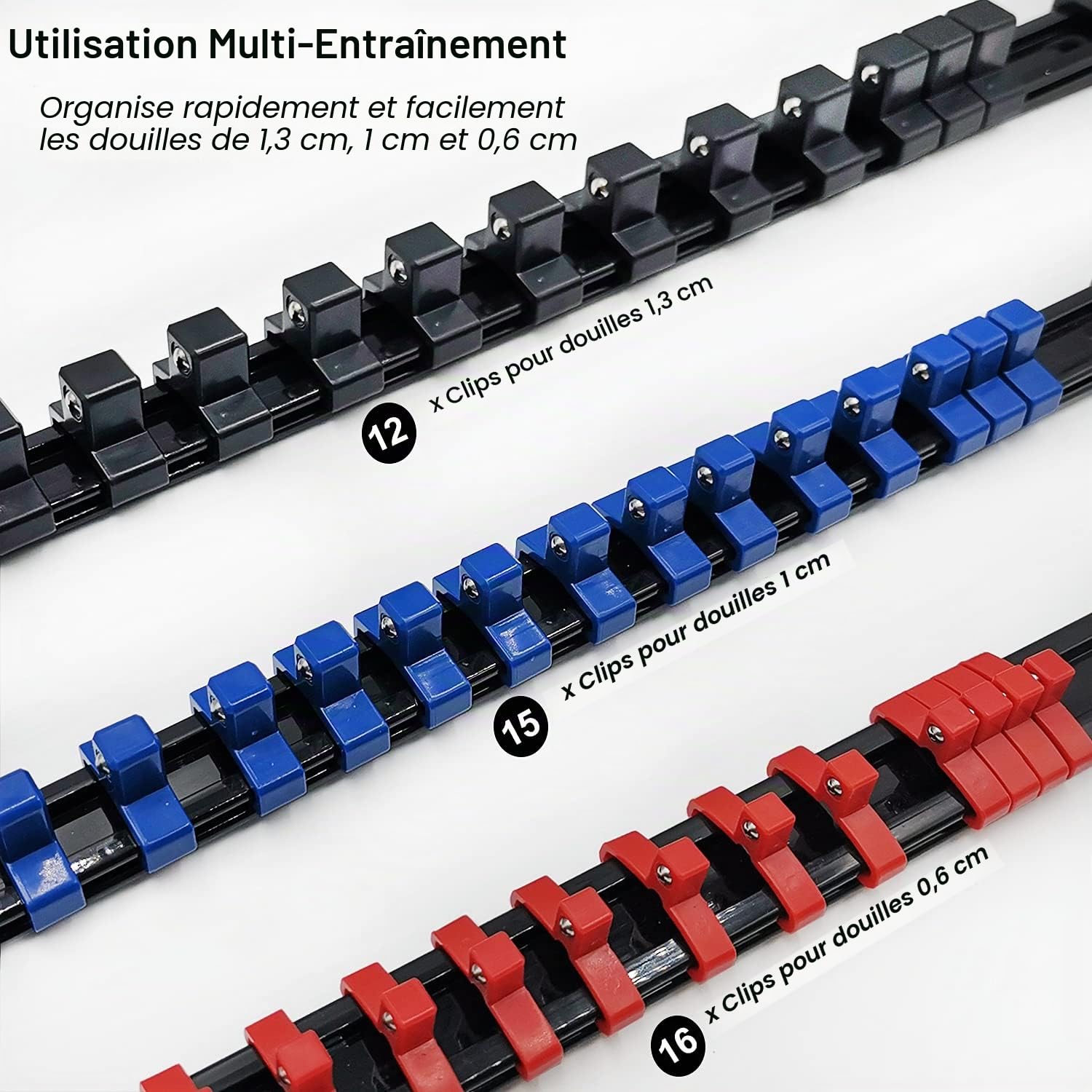 ACEBON Lot de 6 Porte-Douilles 1/2" (12,7 mm), 3/8" (10 mm), 1/4" (6,3 mm), Rail de Rangement avec 86 Clips, Support pour Douilles Métriques et SAE, Organisateur pour Boîte à Outils, Garage et Atelier