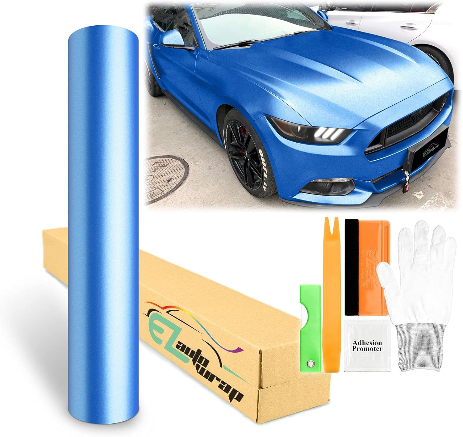60"x480" (5FTx40FT) Sky Blue Matte Metallic Satin Pearl Vinyl Wrap Sticker Sheet Film Car Auto Vehicle DIY Decal Bubble Free Air Release Self Adhesive Peel and Stick Free Tool Kit