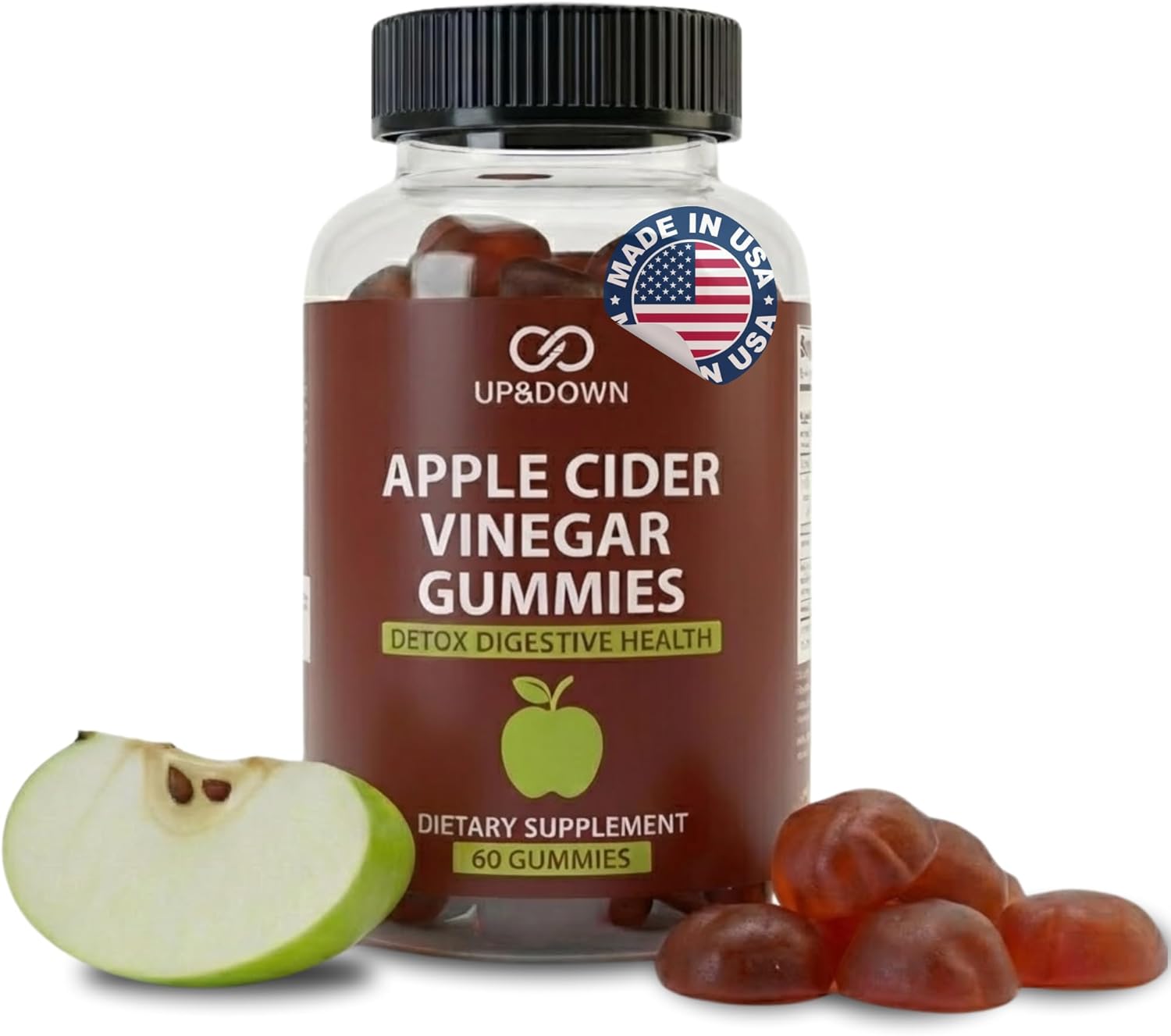 Up&Down Supplements Apple Cider Vinegar Gummies | Powerful Detox Cleanse, Weight Management, Digestive & Immune Support | Vitamin B12 & Folate | Made in USA | Vegan, Non-GMO, Gluten Free | 60 Gummies