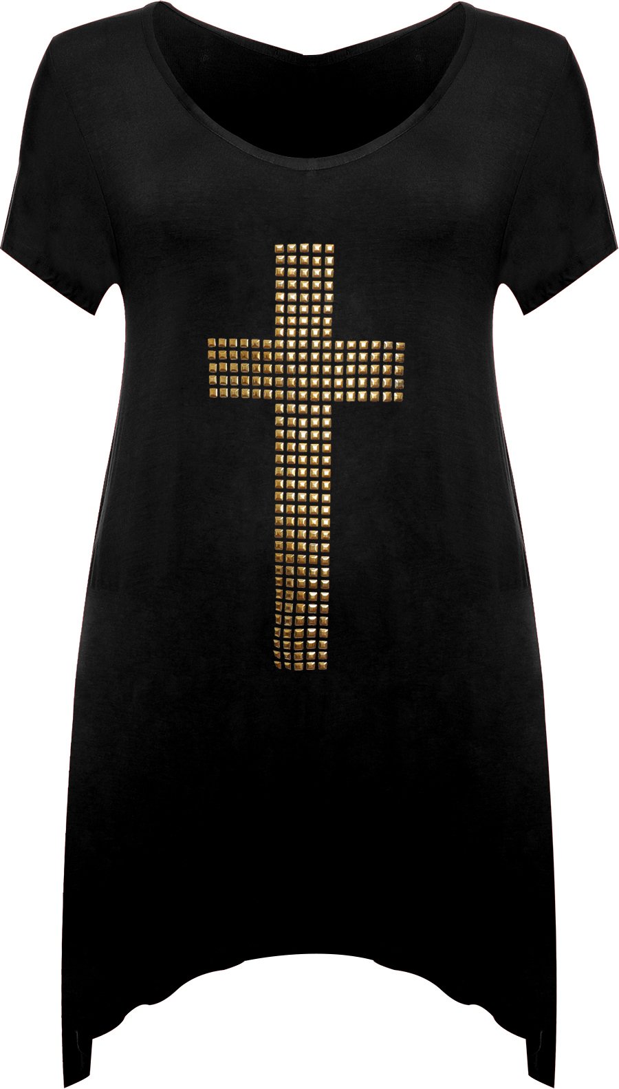 Wearall Women's Black Plus Stud Cross Hanky Hem Tunic Short Sleeve Long Top Sizes - 14