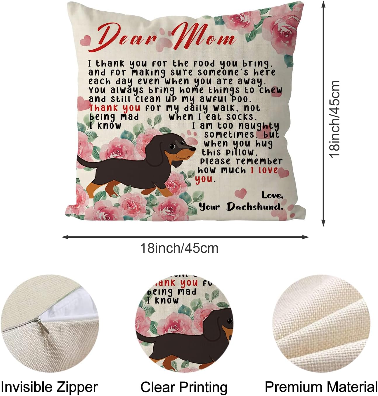 Tian Zhun Dachshund Mom Gifts Pillow Covers 18x18 Inch Best Dachshund Mom Pillowcase Weiner Dog Lover Gifts Farmhouse Throw Pillows Indoor Couch Cushion Case for Home Sofa Decoration image 2