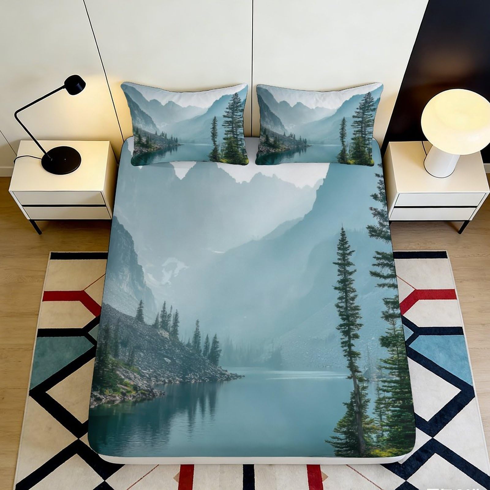 3D Printed Misty Mountain Fitted Sheet Microfiber Soft Breathable Lake Landscape Mattress Cover for Bedroom Dormitory Guest Room Mattress Protection Decor 140x200x25cm