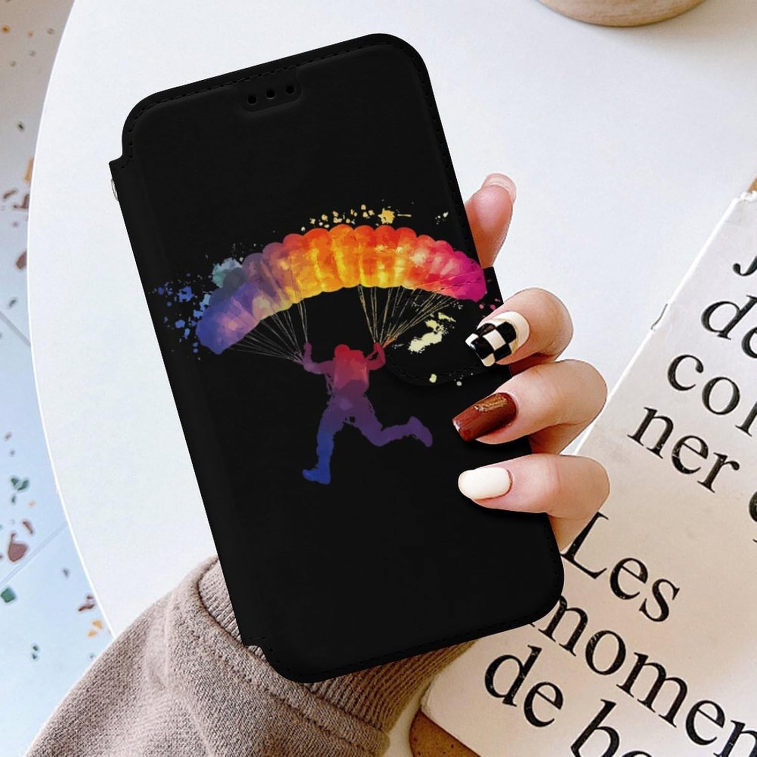 Skydiver Watercolor Compatible with iPhone 16/16 Plus/16 Pro/16 Pro Max/16 E Case Phone Wallet Card Holder Flip Cover with Wrist Strap