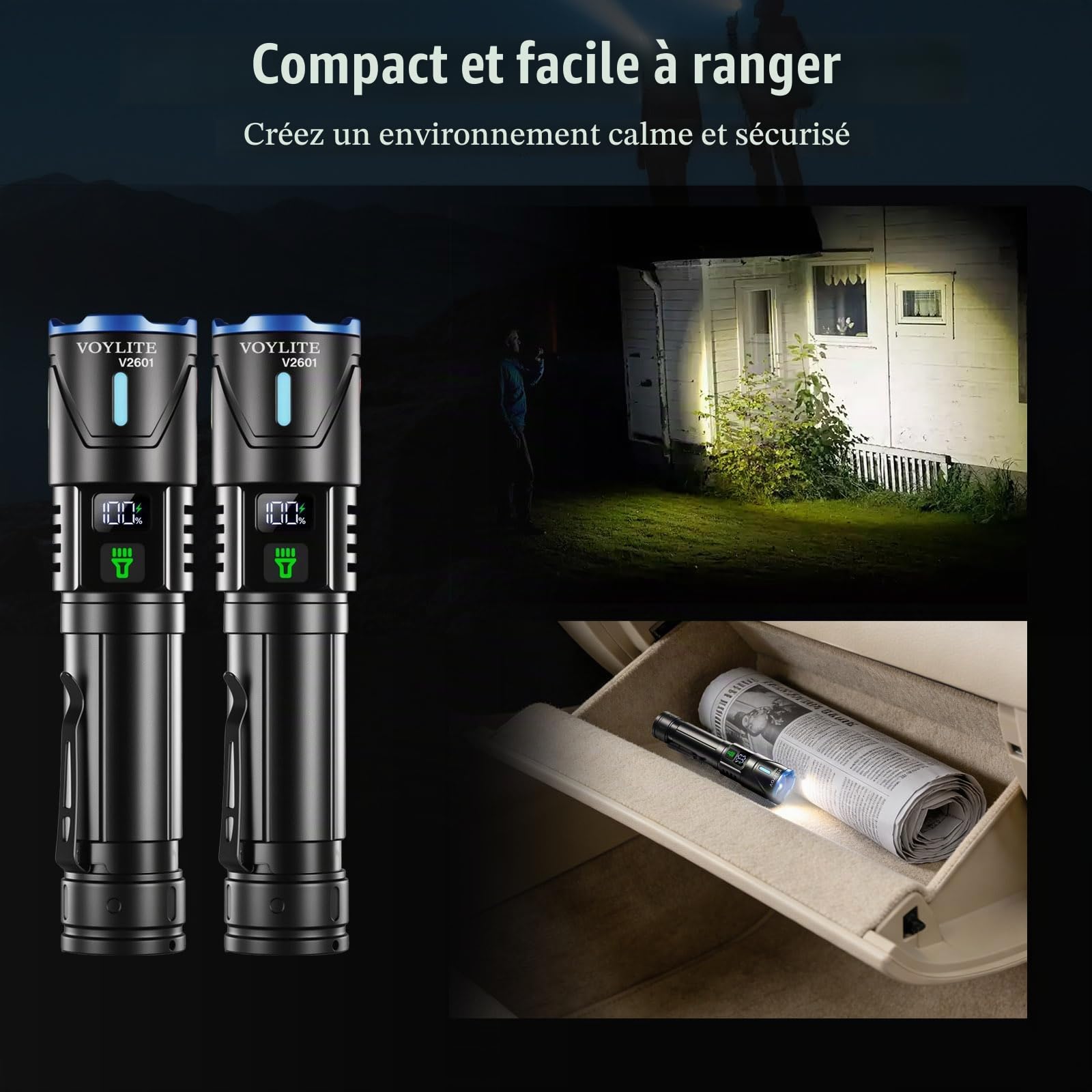 Lot de 2 Lampe Torche LED Rechargeable, 1000000 LM Ultra Puissante | 24H Éclairag（2 X lampe), Portée de 1500m, 3 Modes, Zoomable, LCD Display, IPX7 étanche Pour Camping/Randonnée/Outdoor (pince)