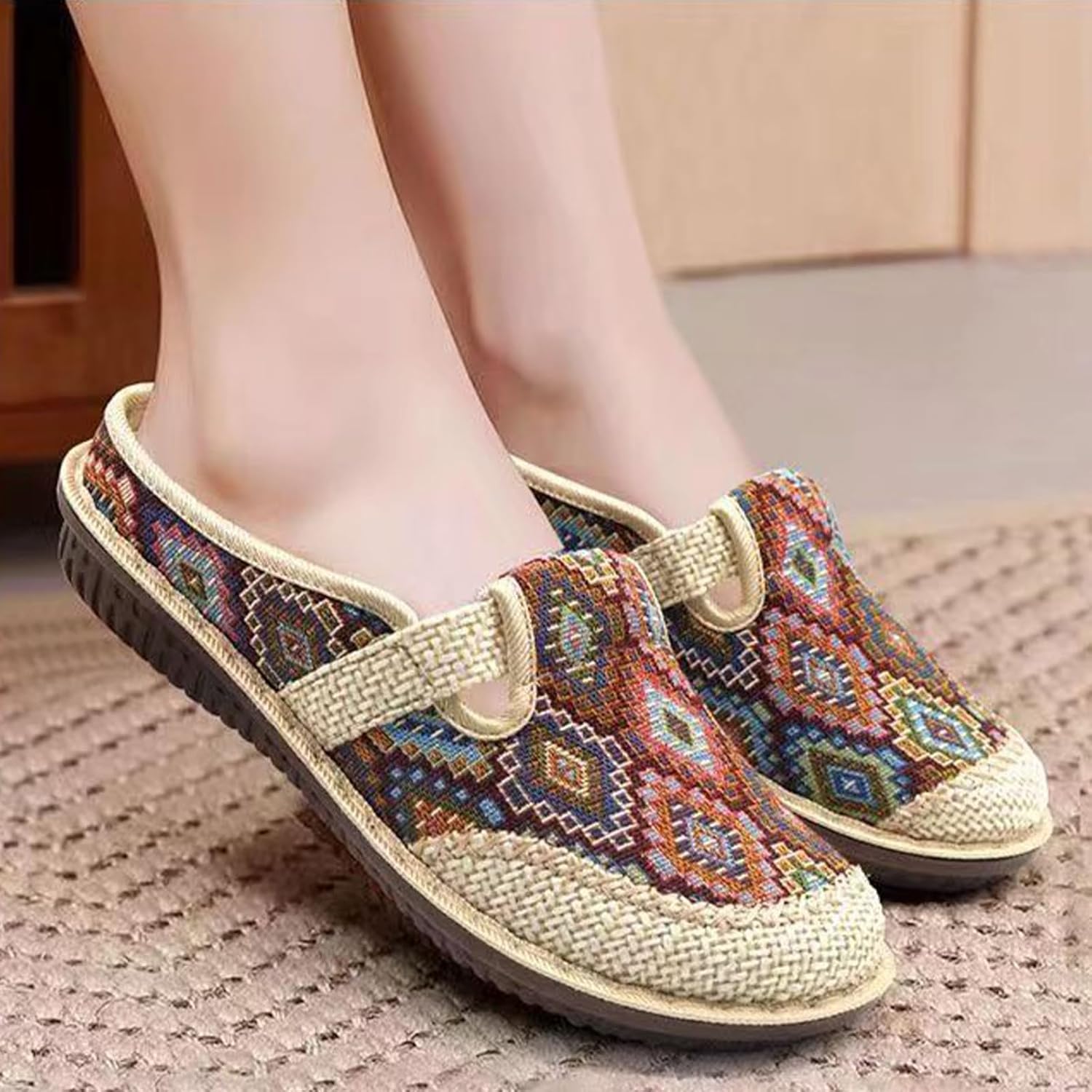 Women's Summer Sweet Linen Shoes, Breathable Chinese Traditional Flat Heel Casual Footwear, Retro Slip On Fashion Soft Slippers,9,Red