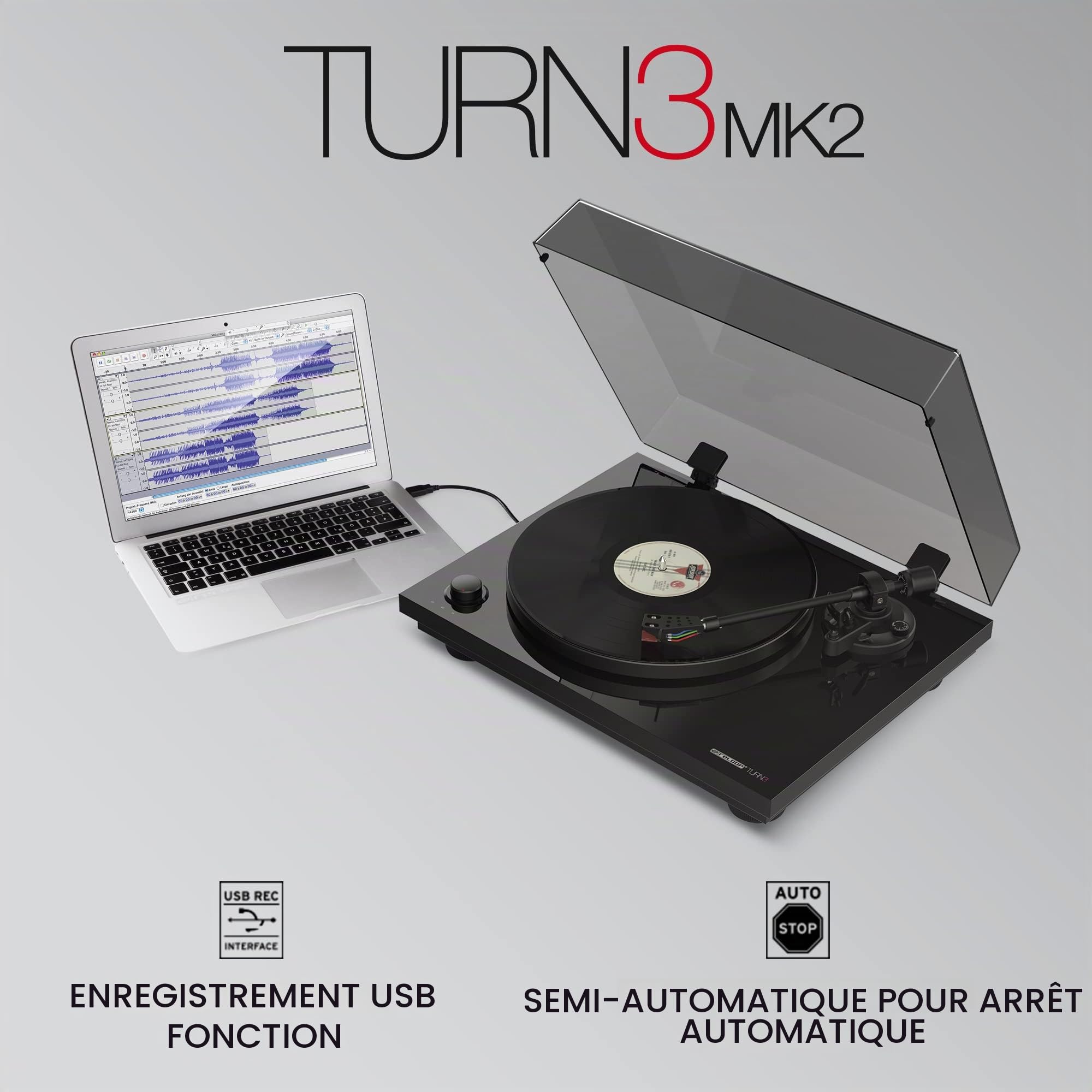 Reloop Turn 3 MK2 | Platine Vinyle Hi-FI Authentique entraînée par Courroie avec Fonction d'enregistrement USB, Système de Cellule Ortofon 2M Red prémonté, Contrôle Moteur intégré (33/45/78 RPM)