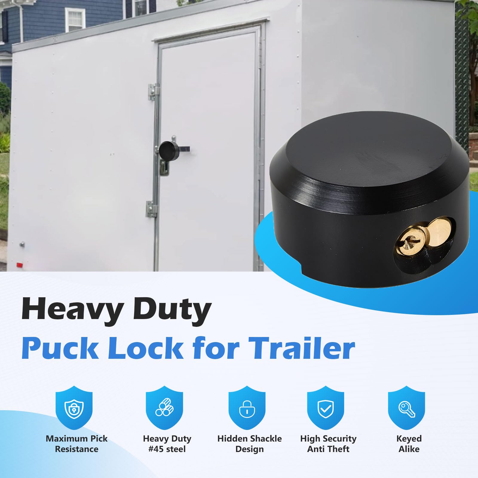Pomunty 4 Pack Trailer Door Locks Keyed Alike Heavy Duty Hockey Puck Locks Reinforced Hidden Shackle Padlocks w/8 Keys Solid Steel Lock for Trailers Trucks Vans Shed Gates Garage