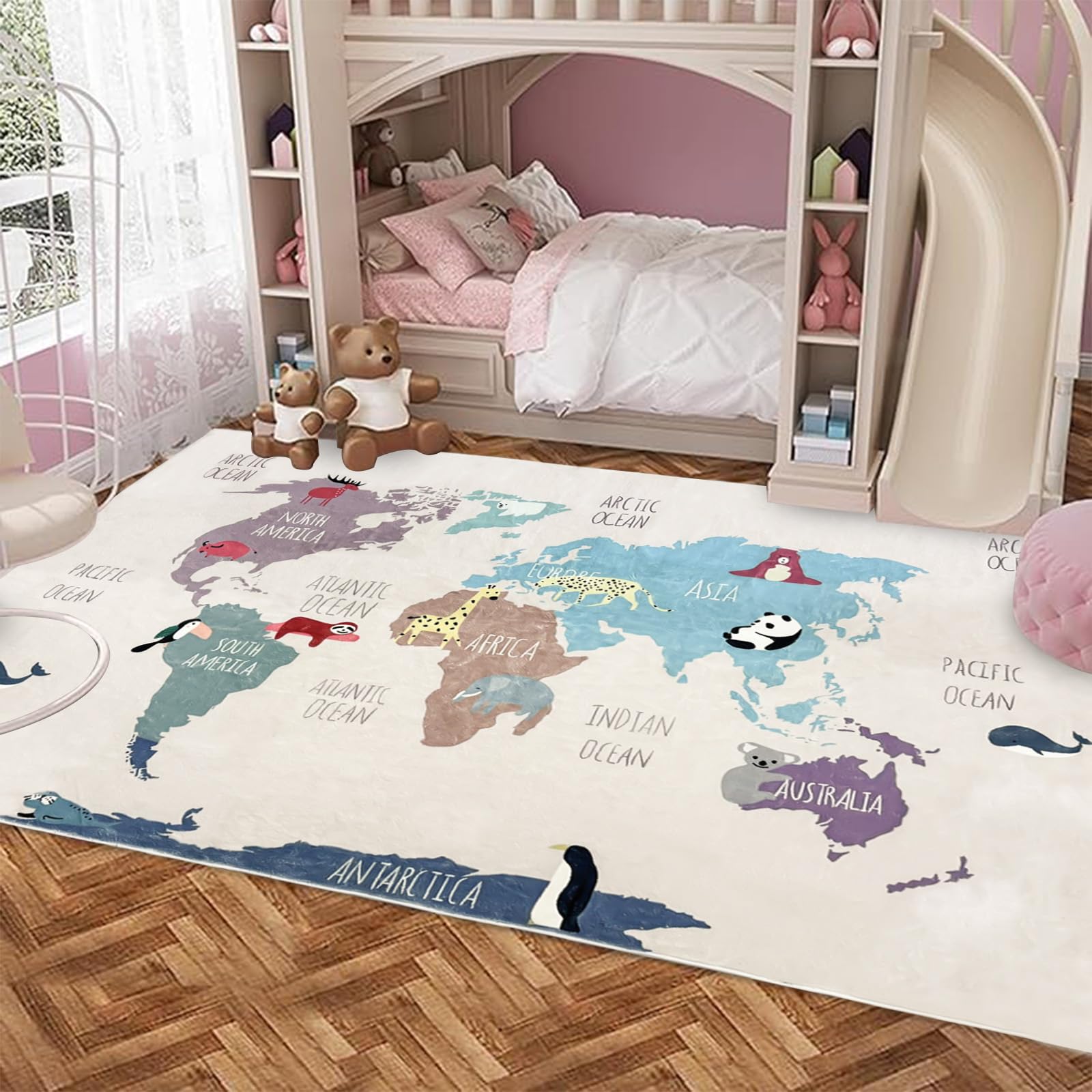 USTIDE Tapis éducatif lavable en machine Motif carte du monde et animaux mignons Rose 150 x 200 cm