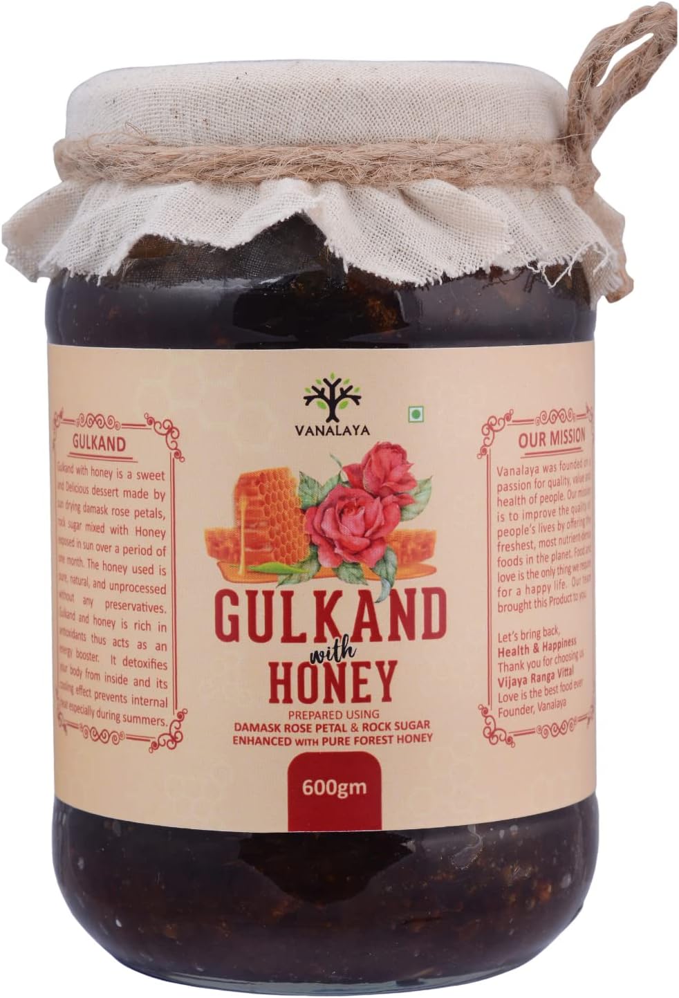 - Vanalaya Natural Honey Gulkand | Sun-Cooked Damask Rose with Forest Honey 600gm