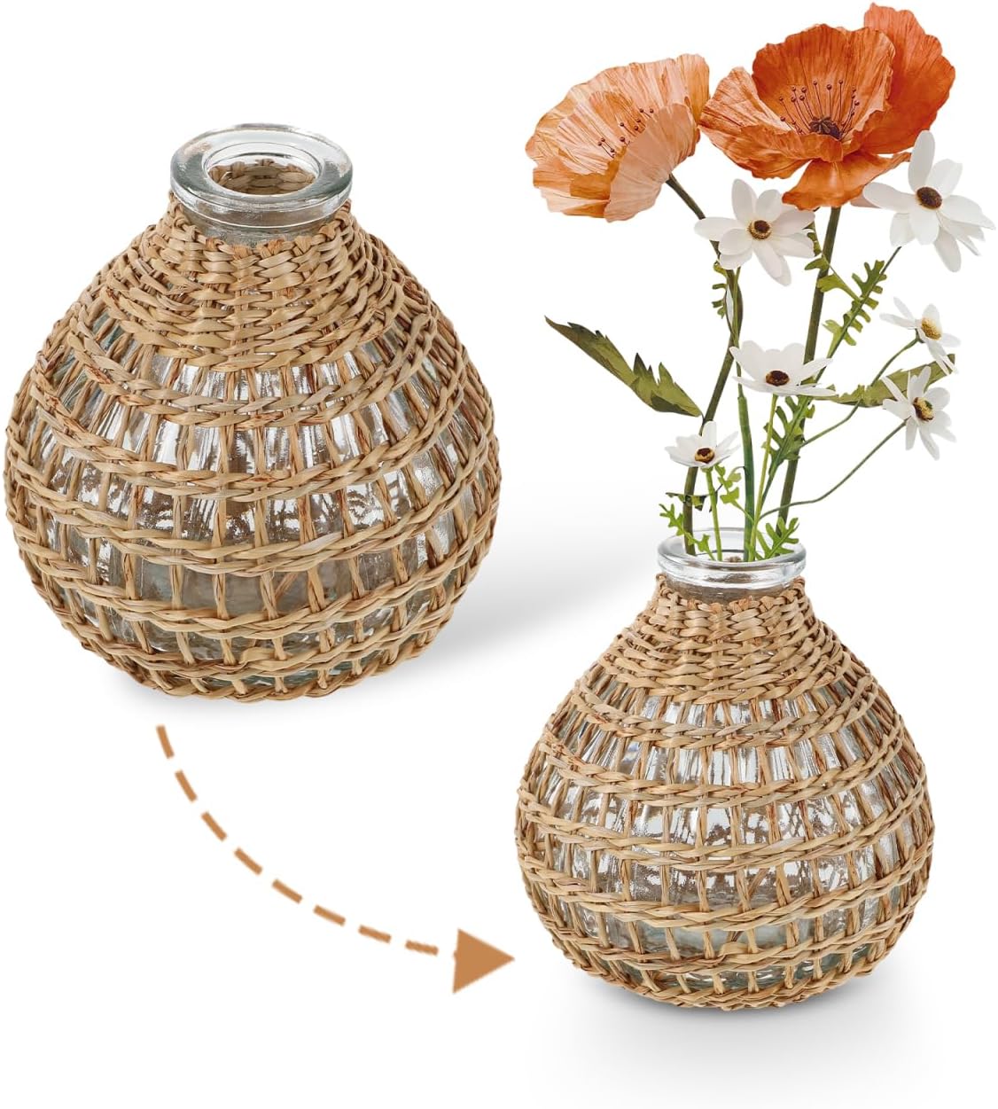 Vase with Rattan Cover, Handwoven Rattan Glass Bud Vase, Small Wicker Woven Cover Boho Floral Holder, Decorative Centerpiece for Flower Arrangements, Essential Oil Aromatherapy, Home Restaurant Decor