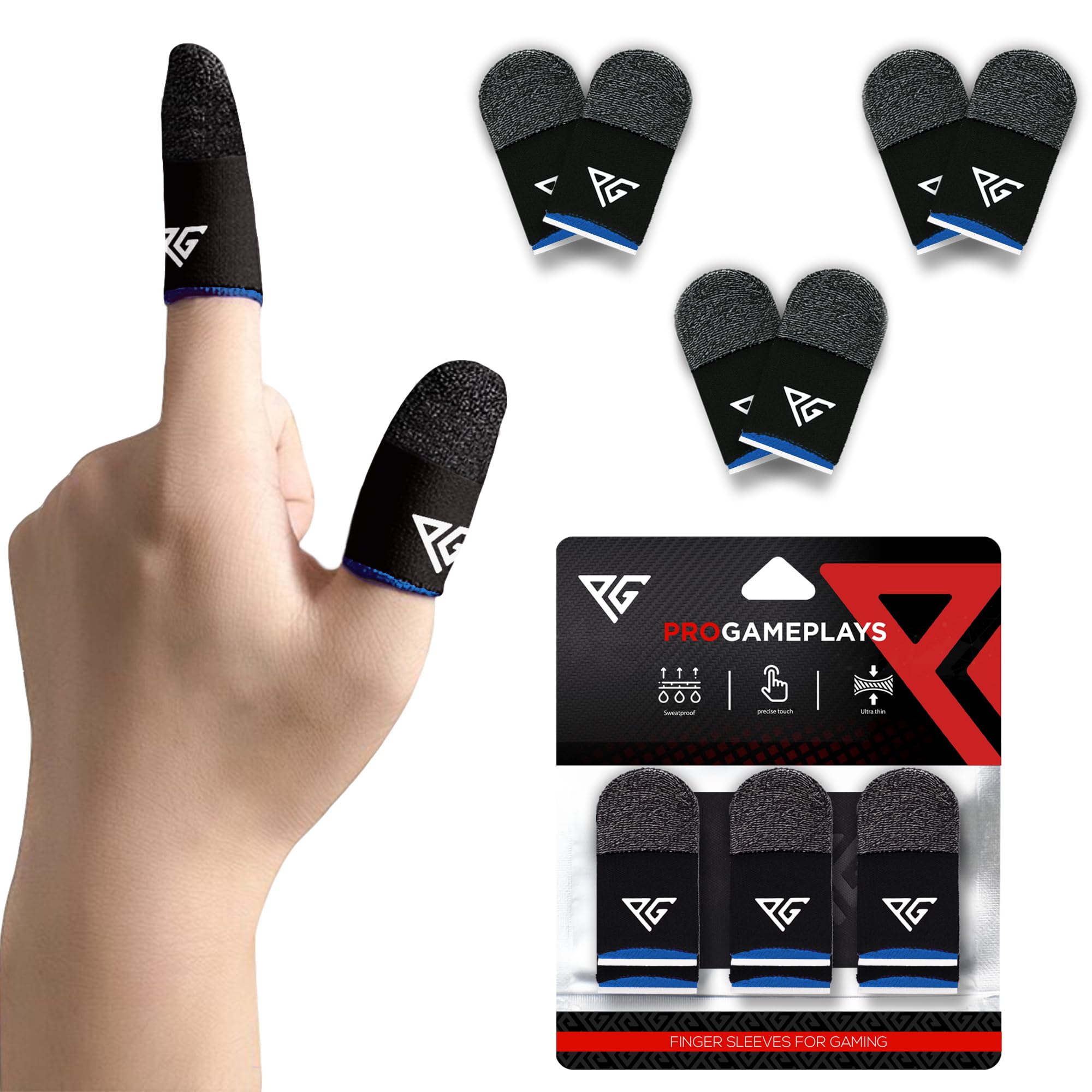 Progameplays Premium Hybrid Finger Sleeves for Gaming, High Sensitivity, Breathable Anti-Sweat, Durable, Silver and Carbon Fibre, Thumb Sleeve (3 Pairs Blue)