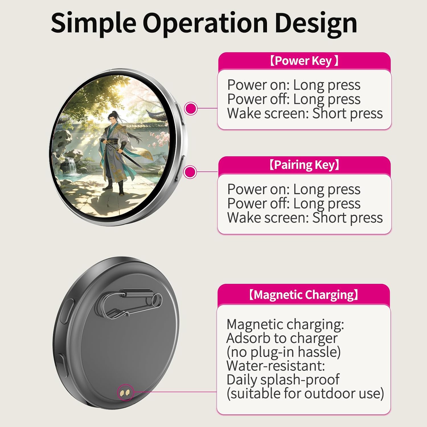Digital Badge Pin with Anime Themed Pixel Screen, Bluetooth HD Touchscreen Badge Electronic Smart Display, 1.70-inch 360x360 Resolution Photo Video GIF for Cosplay, Conventions, Events
