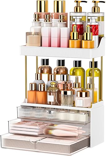 Organizador de encimera de baño de 5 niveles, organizador de maquillaje de 3 cajones, cajón de almacenamiento de cosméticos para tocador y tocador