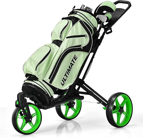 Tangkula Carrito de golf con rueda delantera giratoria de 360°, carrito de golf plegable de aluminio de 3 ruedas, carrito de golf con correa