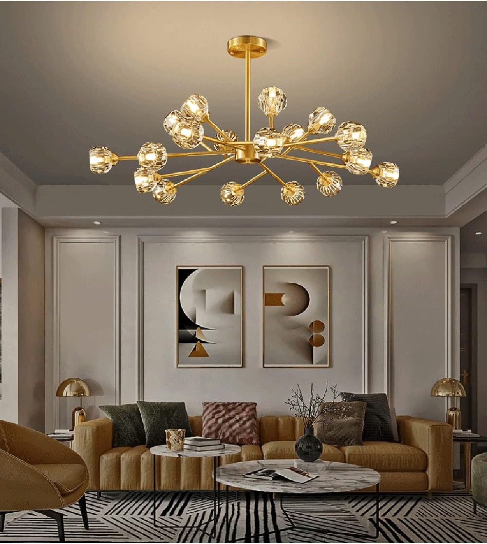 Modern Chandelier Ceiling Light 18 Light Ceiling Sputnik Chandelier with Globe Crystal Glass Light, Industrial Vintage Ceiling Light Fixture for Kitchen Dining Room Living Room Foyer(Gold)