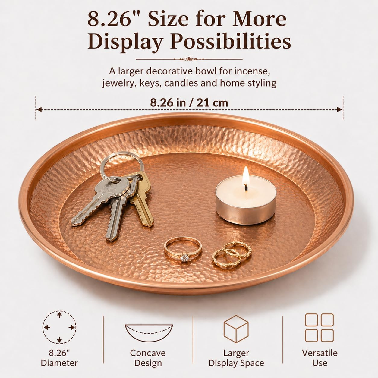 8.26 Inch Copper Tray, Hand Hammered Texture, Altar, Jewelry & Key Dish | 100% Pure Copper | No Coating | No Lacquer