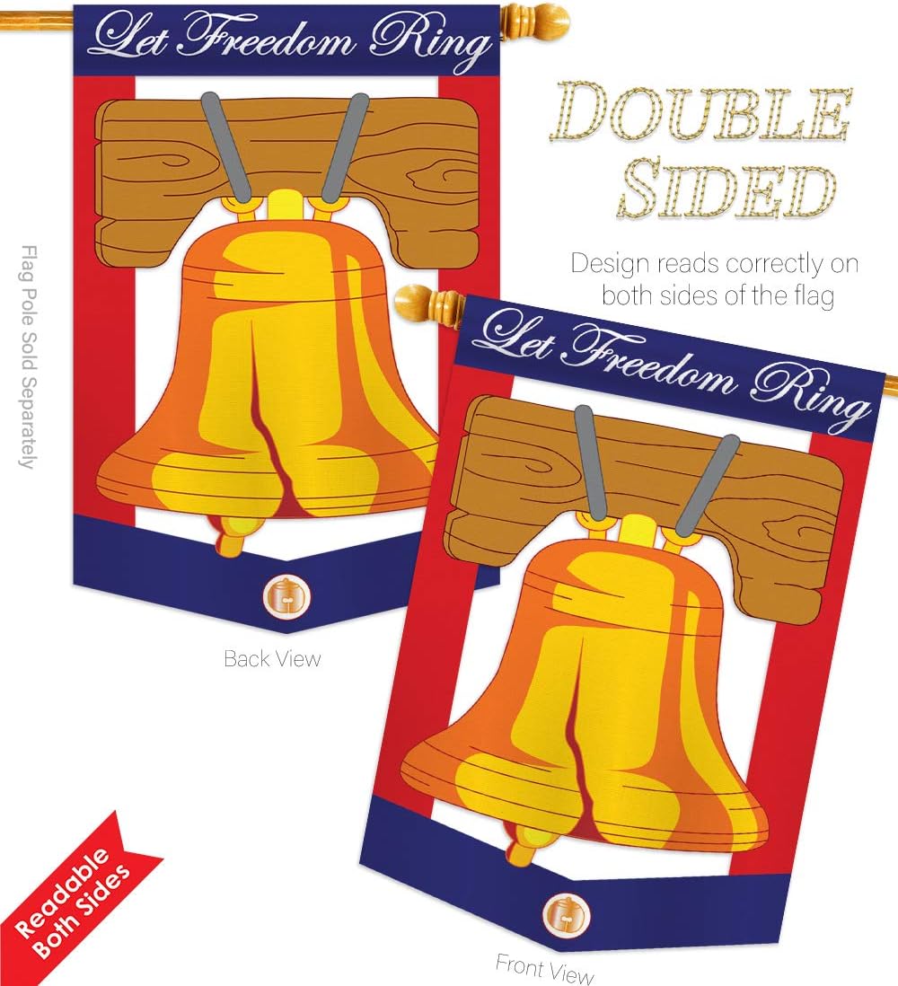 HS111048-P2 Freedom Bell Americana Fourth of July Applique Decorative Vertical 28" x 40" Double Sided House Flag Set Pole Bracket Hardware