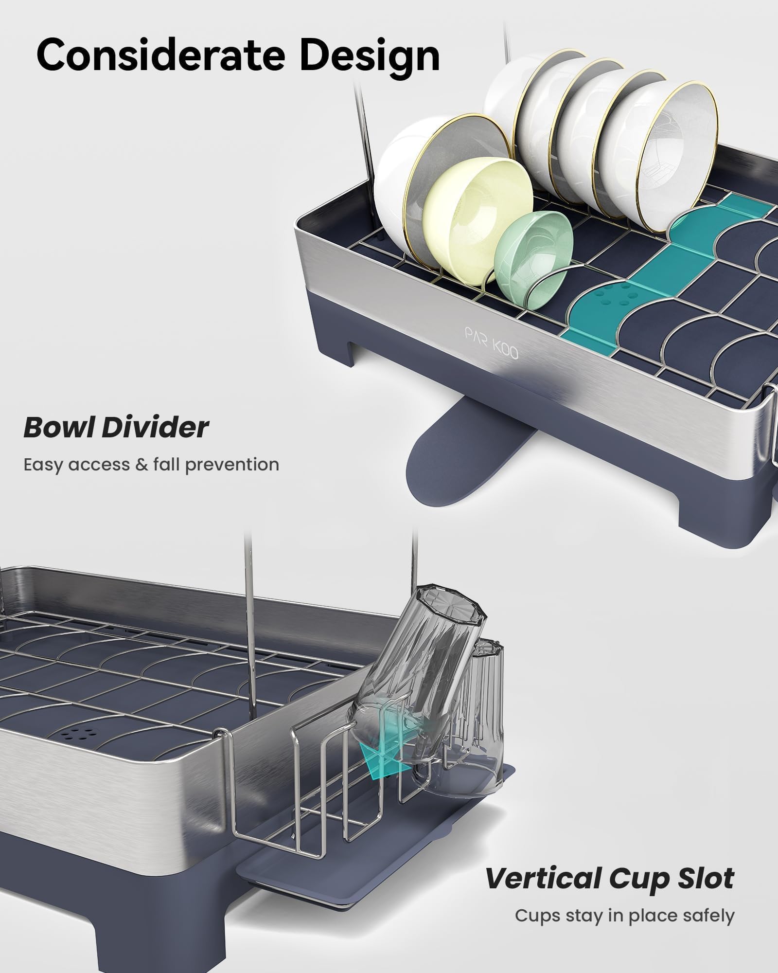 ParKoo Escurridor de platos, extragrande de 2 niveles para encimera de cocina, escurridor de platos de acero inoxidable con boquilla giratoria, estante grande multifuncional con soporte para