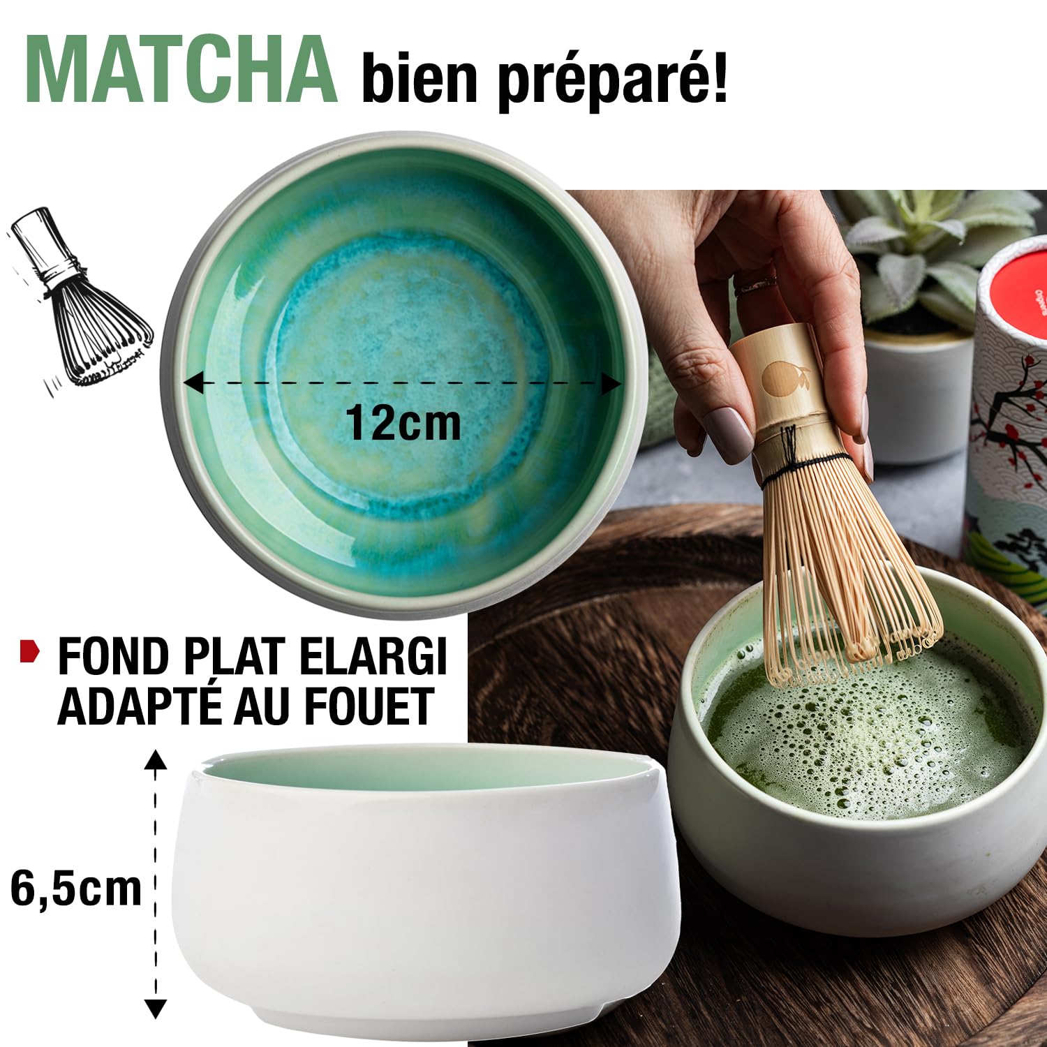 ORIGEENS Kit Matcha Complet JADE - Conditionné en France - Matcha Kit avec Bol Matcha Artisanal (Portugal), Fouet Chasen, Thé Matcha BIO Japonais et Cuillère doseuse Chashaku