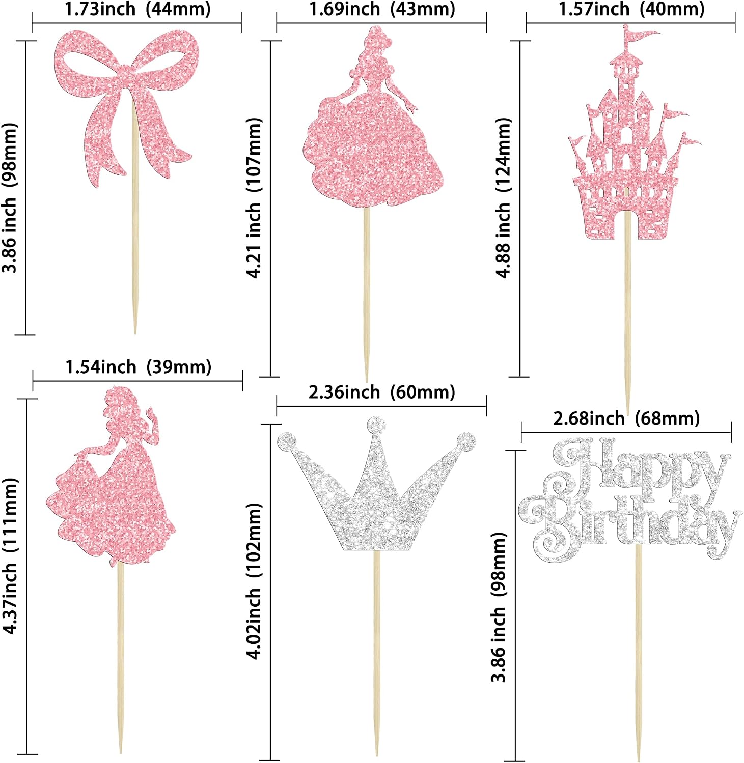 Gyufise 24Pcs Princess Cupcake Toppers Glitter Castle Bowknot Happy Birthday Cake Topper Decorations for Princess Happy Birthday Baby Shower New Year Party Supplies Pink Silver