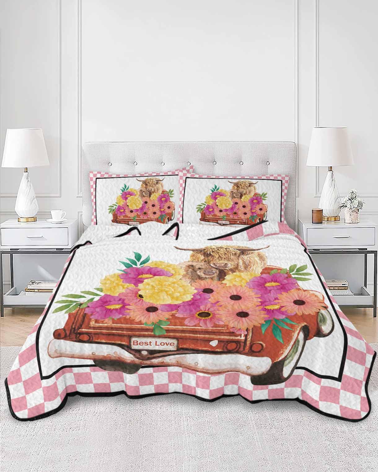 Summer Quilts Queen Size, Lightweight Quilted Coverlet Best Love Farm Truck Flower Cows Mother and Child Buffalo Plaid Comforter Set for Bed, Bedspreads Quilt Bedding 2 Pillowcases 90x96 Inch