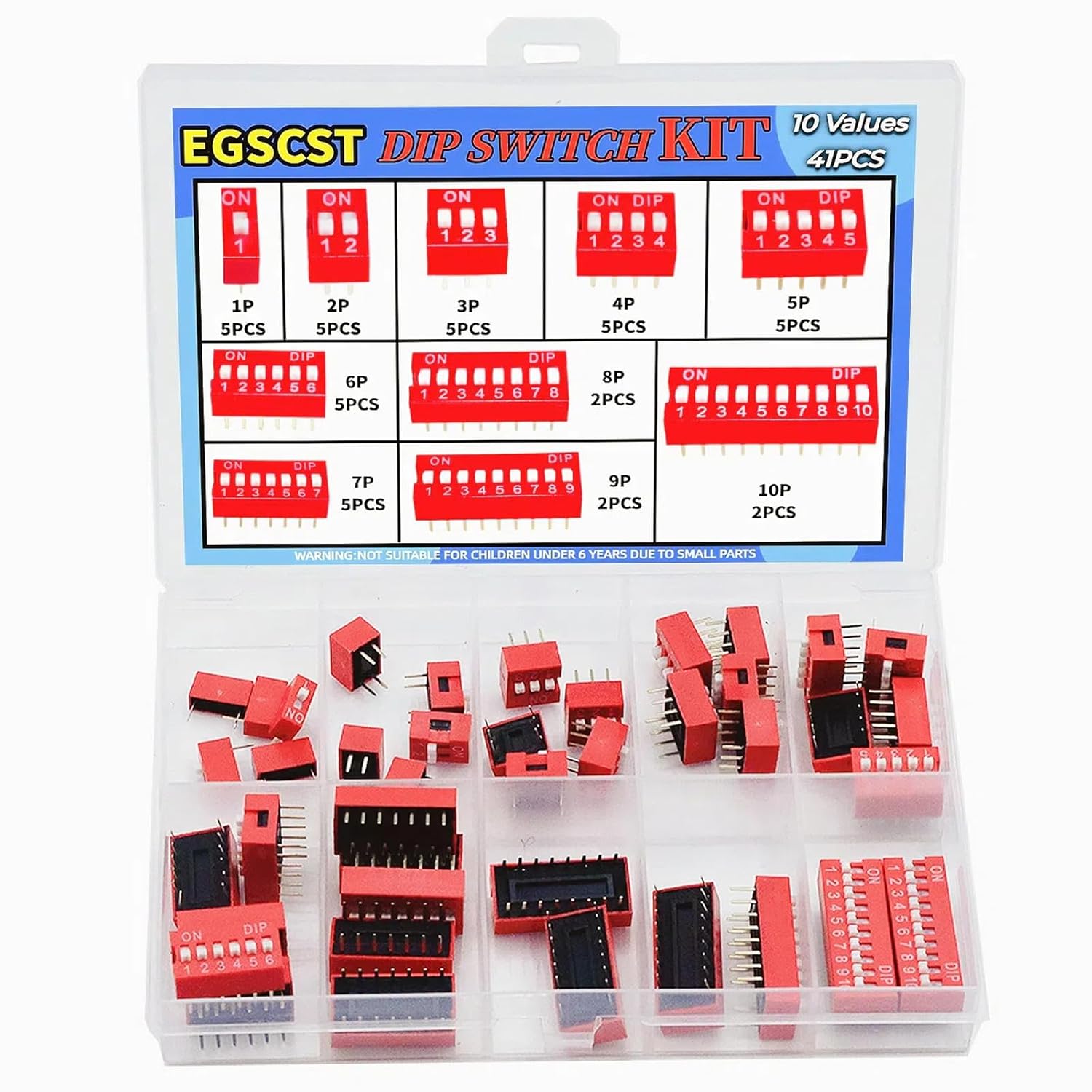 41PCS 10 Values Double Row Red Dip Switch Assortment Kit 1 2 3 4 5 6 7 8 9 10 Position 2.54mm PCB Mountable On Off Slide Type Toggle DIC Breadboard Switches for Circuit Breadboards