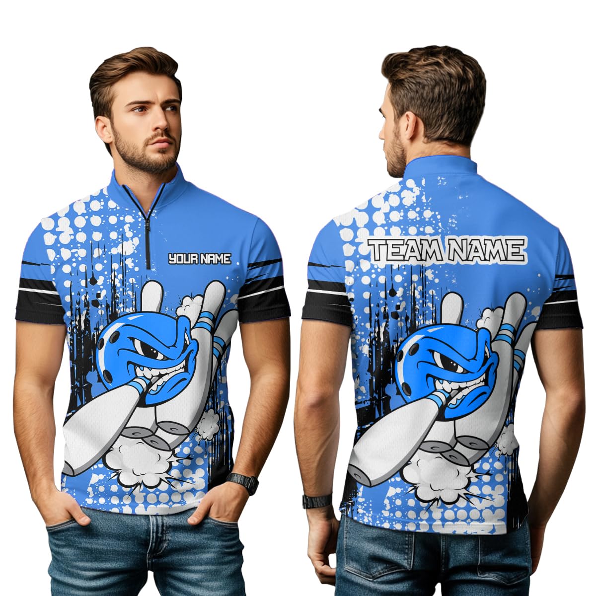 PIONAMZIOZ Personalized Multicolor Funny Crazy Bowling Shirt for Men and Women Polo & Quarter-Zip Bowling Jersey with Team (US, Alpha, Small, 5X-Large, Regular, Regular, Blue)