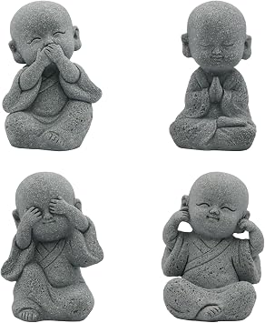 4 Pcs Baby Buddha Statue Set 3 Inch Cute Sandstone Buddha Statue Feng Shui Decor for Good Luck, See no Evil Hear no Evil Speak no Evil Do no Evil