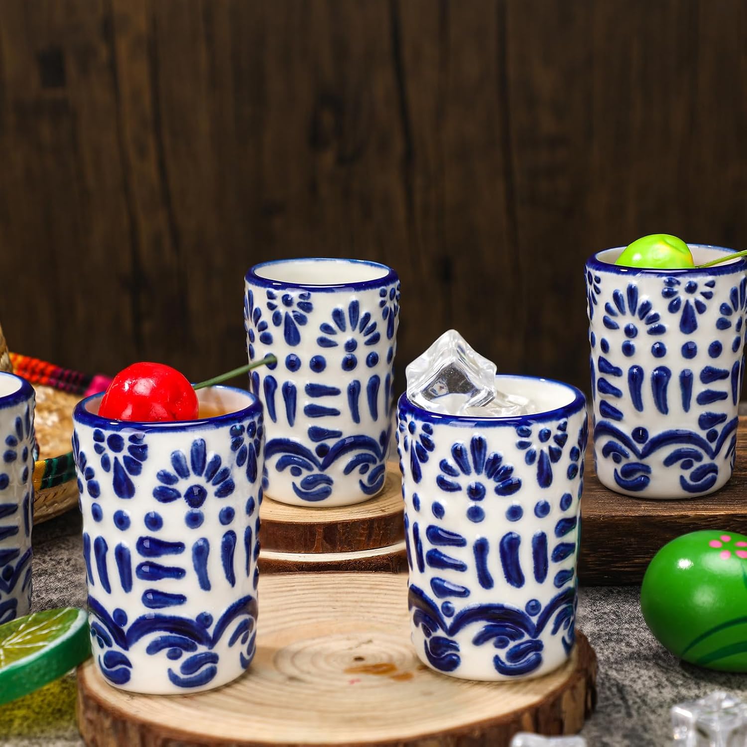 Roshtia 6 Pcs Mexican Tequila Shot Glasses Set 2 oz Talavera Shot Glasses Handmade Ceramic Cups with White Decoration Mexican Pottery Gift Mugs for Tequila Lover Bachelorette Party(Blue)