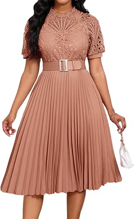 Womens Casual Summer Dresses Short Sleeve Lace Dress Flowy Pleated Midi Dress Elegant Bussiness Dresses with Belt