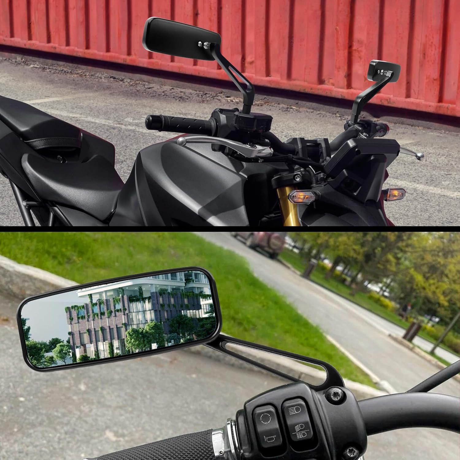 DREAMIZER Rectangle Motorcycle Mirrors Black - Universal 8MM 10MM Rearview Mirror Aluminum CNC Compatible with Honda Yamaha Suzuki Ruckus Grom Shadow Vstar650