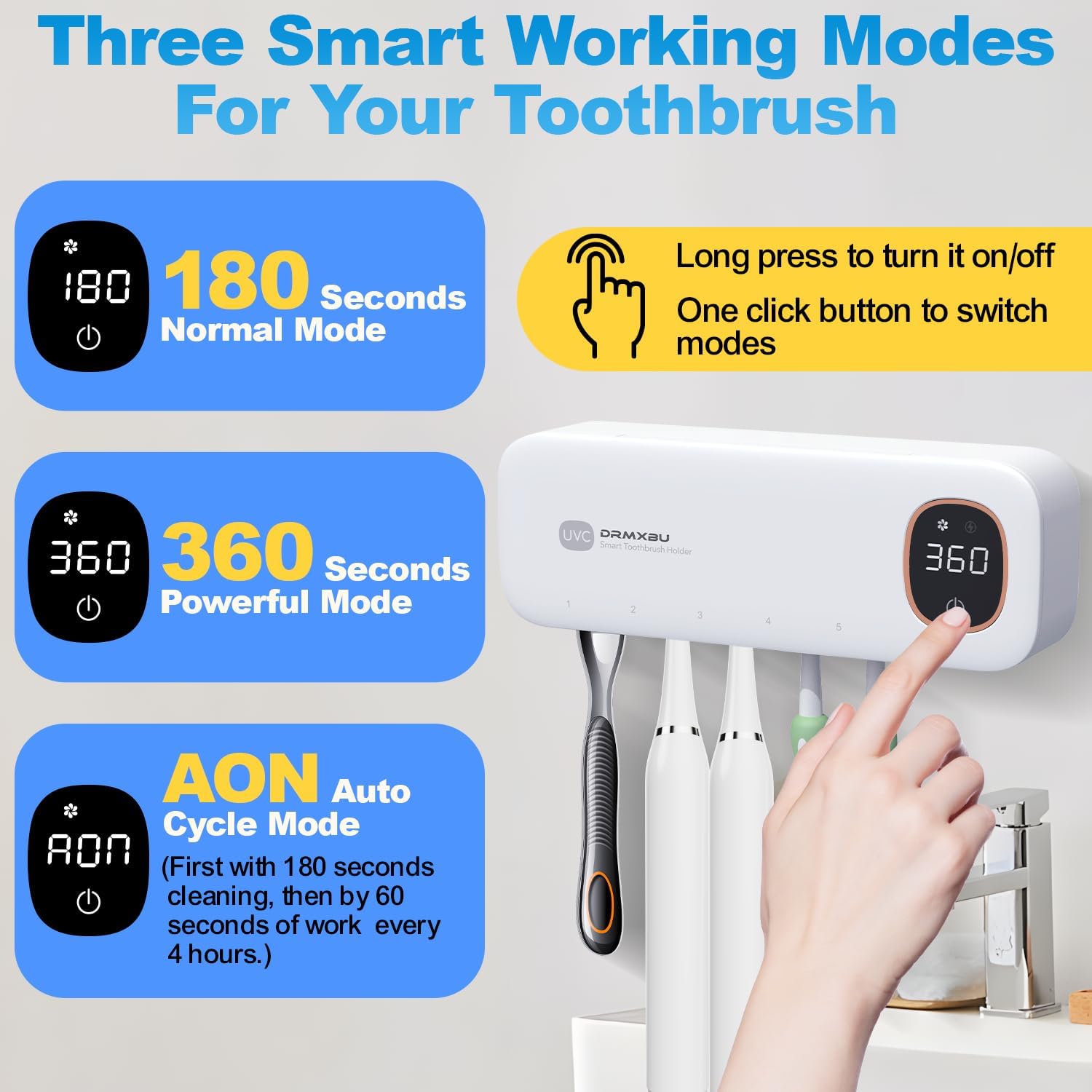 Toothbrush Sanitizer and Holder, DRMXBU Toothbrush Holders for Bathrooms with Light Clean Air Dry, Rechargeable Toothbrush Holders Wall Mounted with 5 Slots, Timer Function Tooth Brush Cleaner Case - Image 4